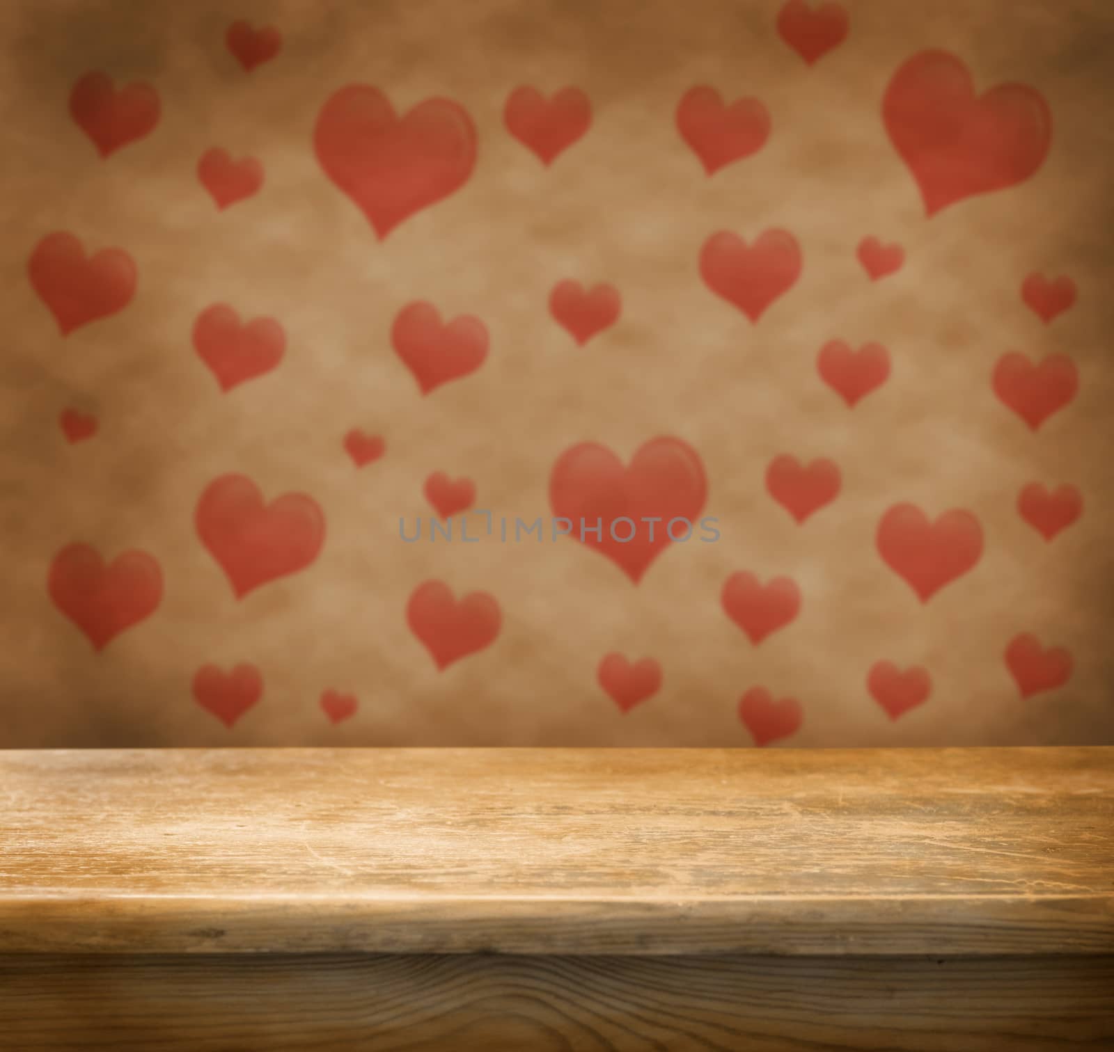 Empty wooden deck table with love background. Ready for product display montage.