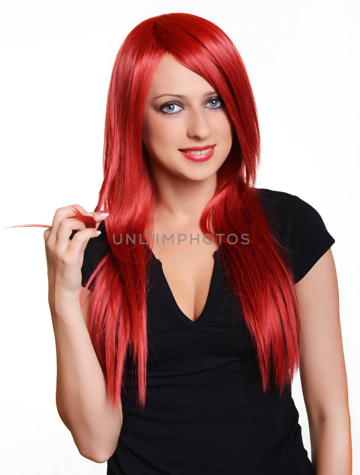 Beautiful red haired woman over white background