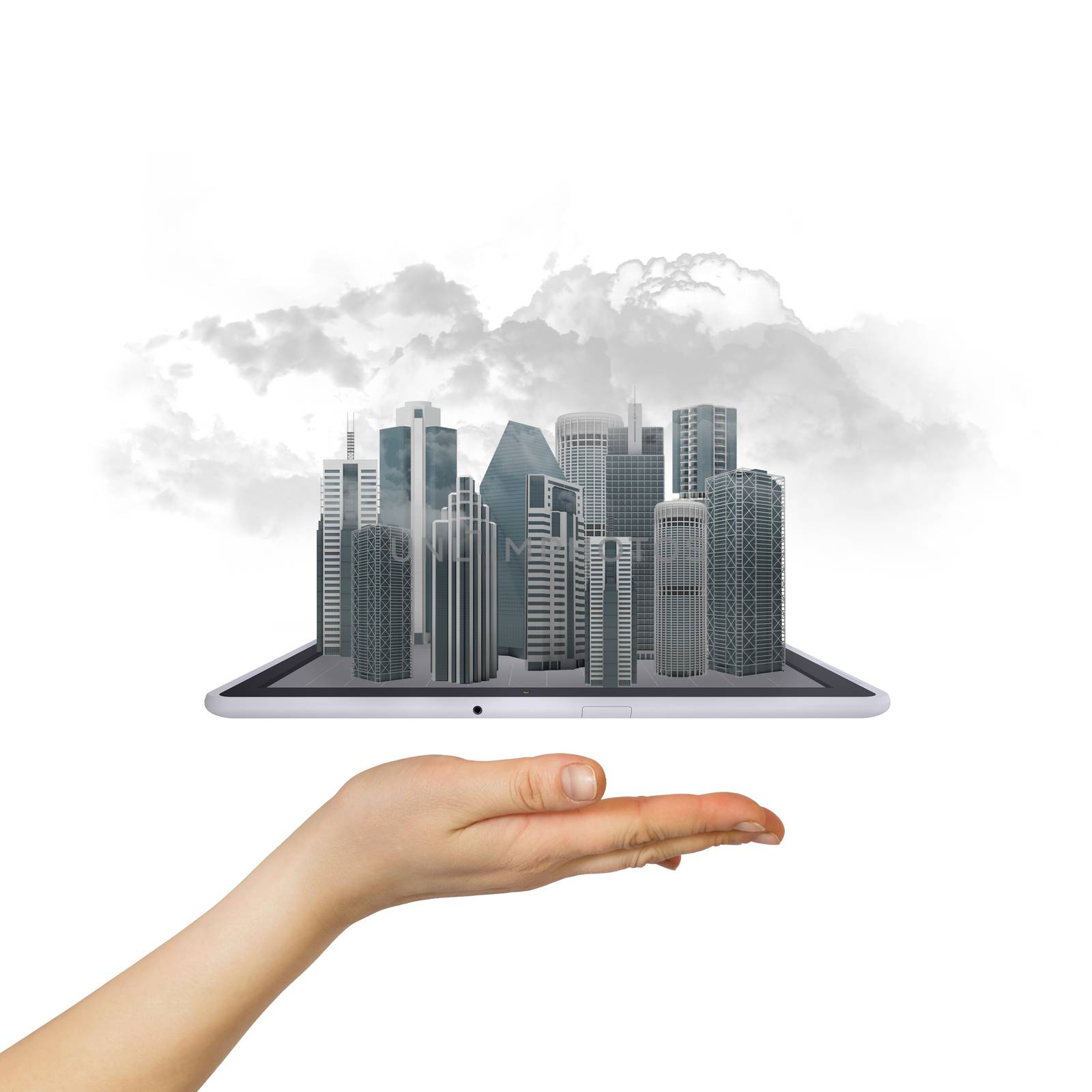 Hand holding a tablet computer. In screen tablet city of skyscrapers and smoke