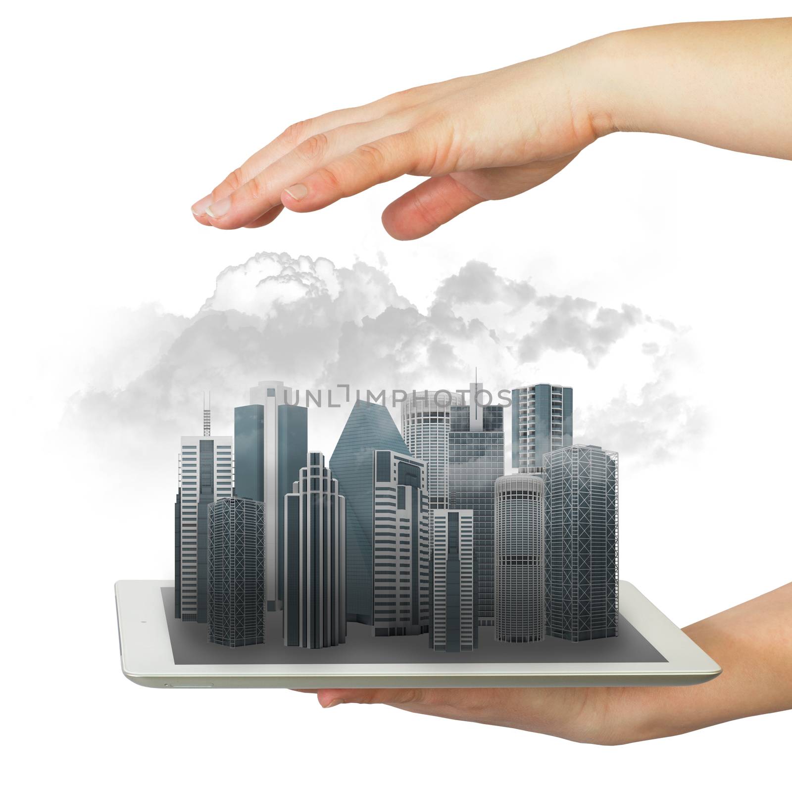 Hands holding a tablet computer. In screen tablet city of skyscrapers and smoke