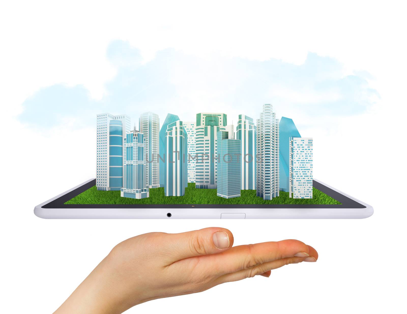 Hand holding a tablet computer. In screen tablet city of skyscrapers