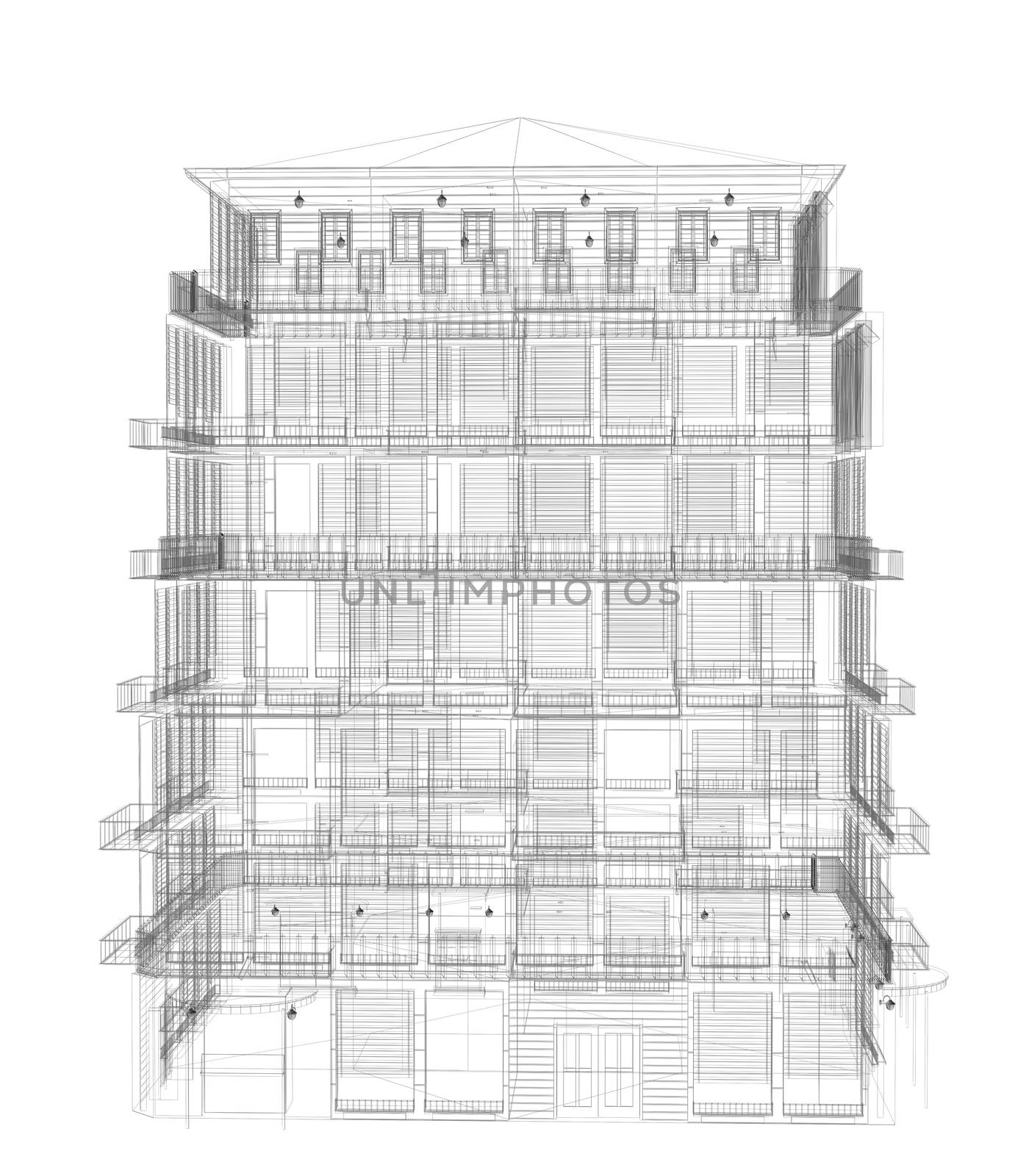 Highly detailed building. Wire-frame render by cherezoff
