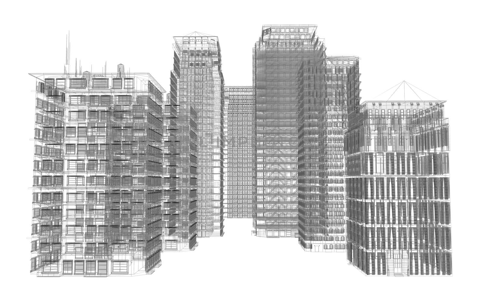 Highly detailed buildings. Isolated wire-frame render on a white background