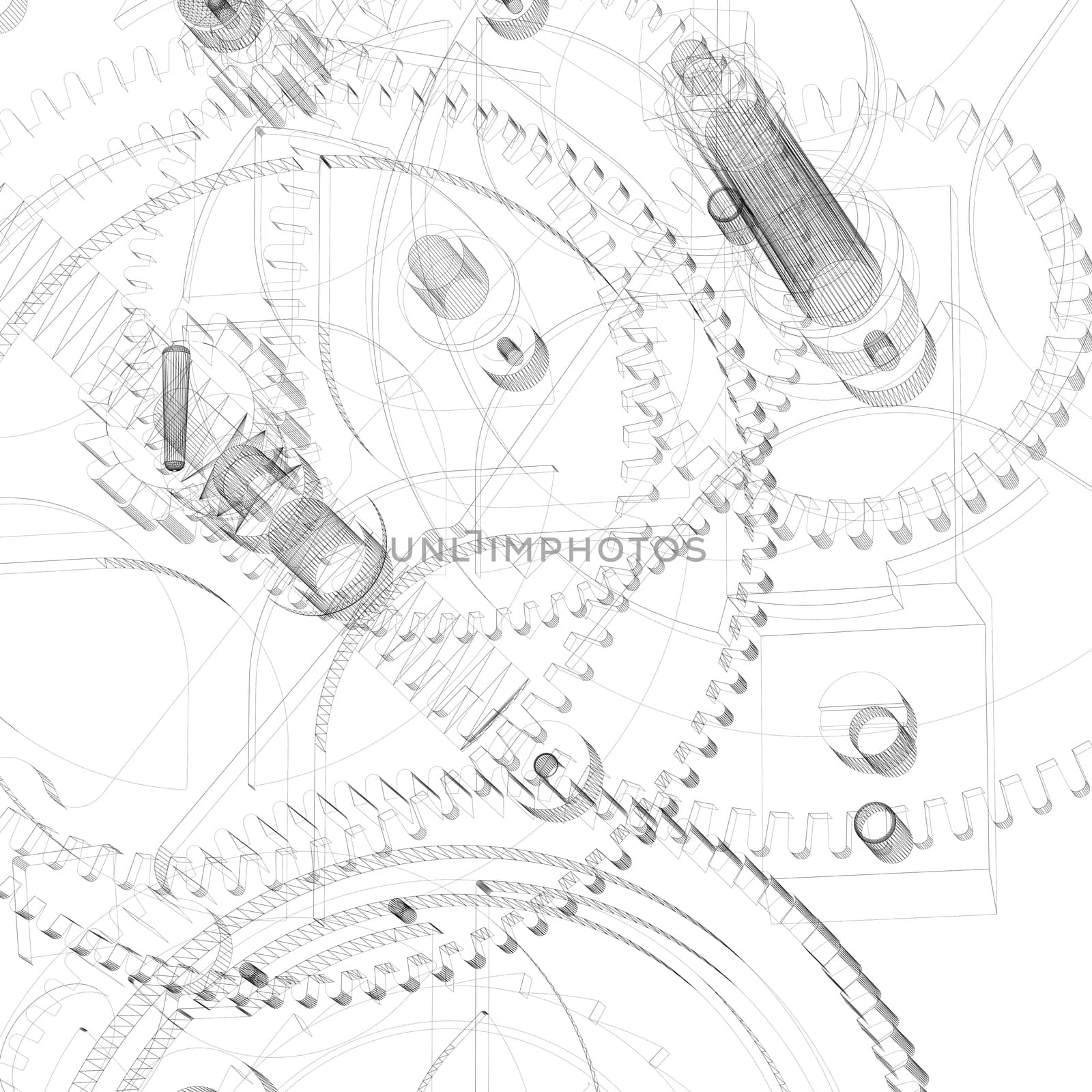 Clock mechanism. Wire-frame isolated render on a white background
