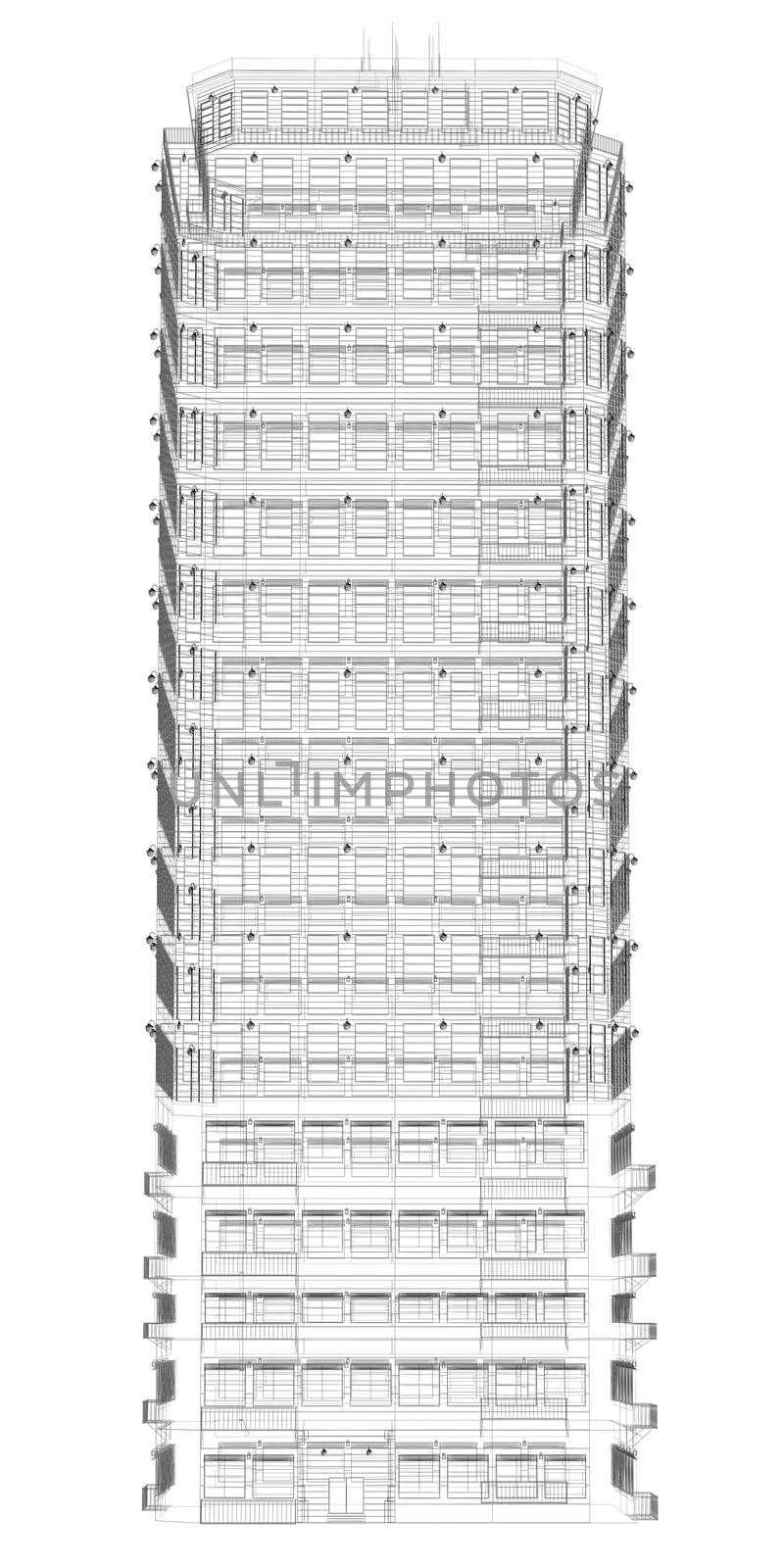 Highly detailed building. Wire-frame render by cherezoff