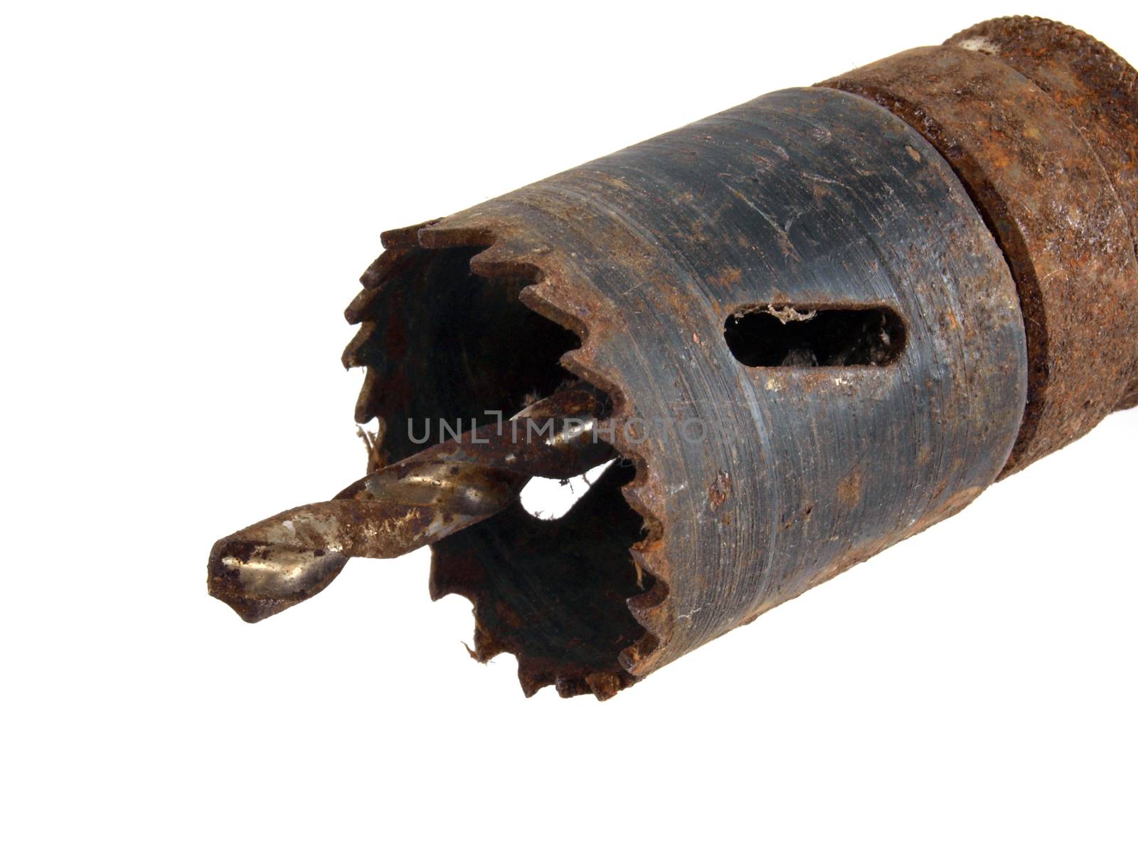 Old, rusty drill bit on a white background.