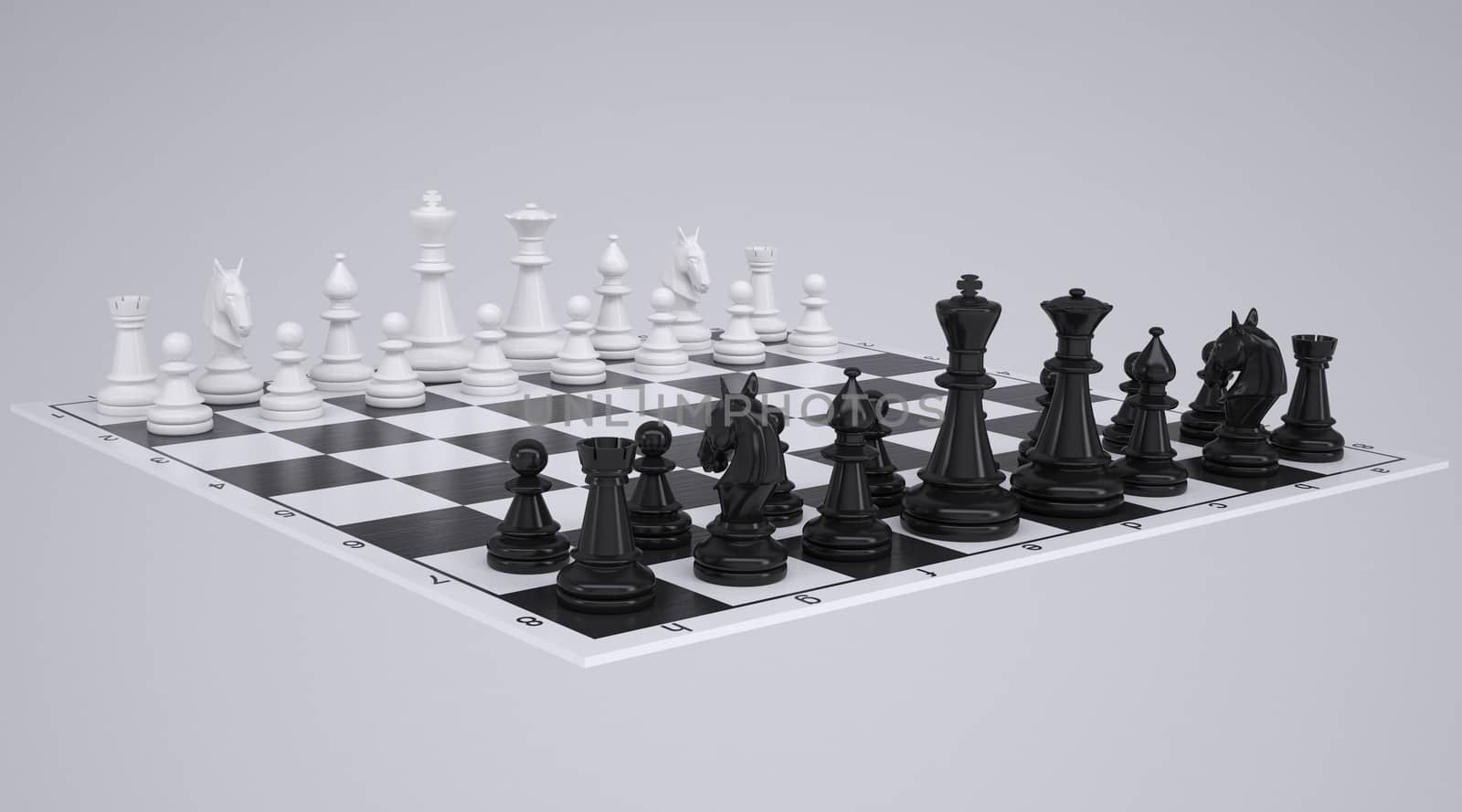 Chess on the chessboard. Render on a gray background