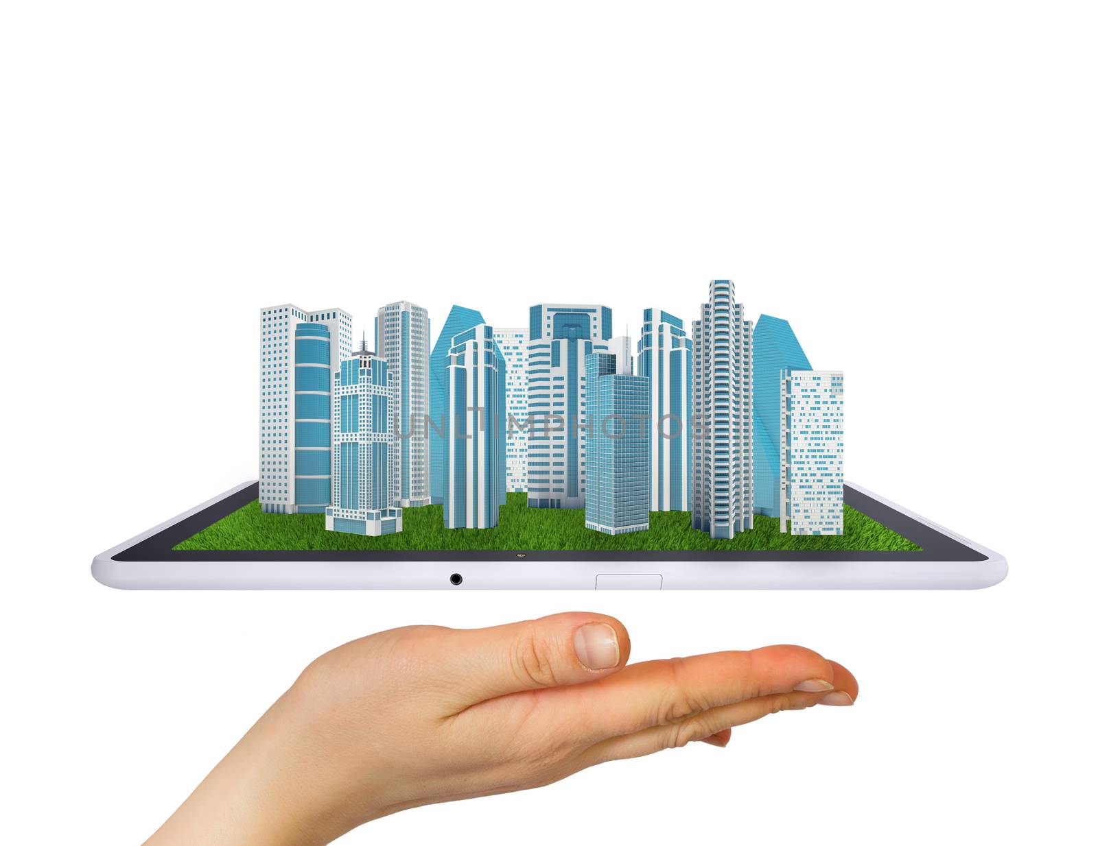 Hand holding a tablet computer. In screen tablet city of skyscrapers