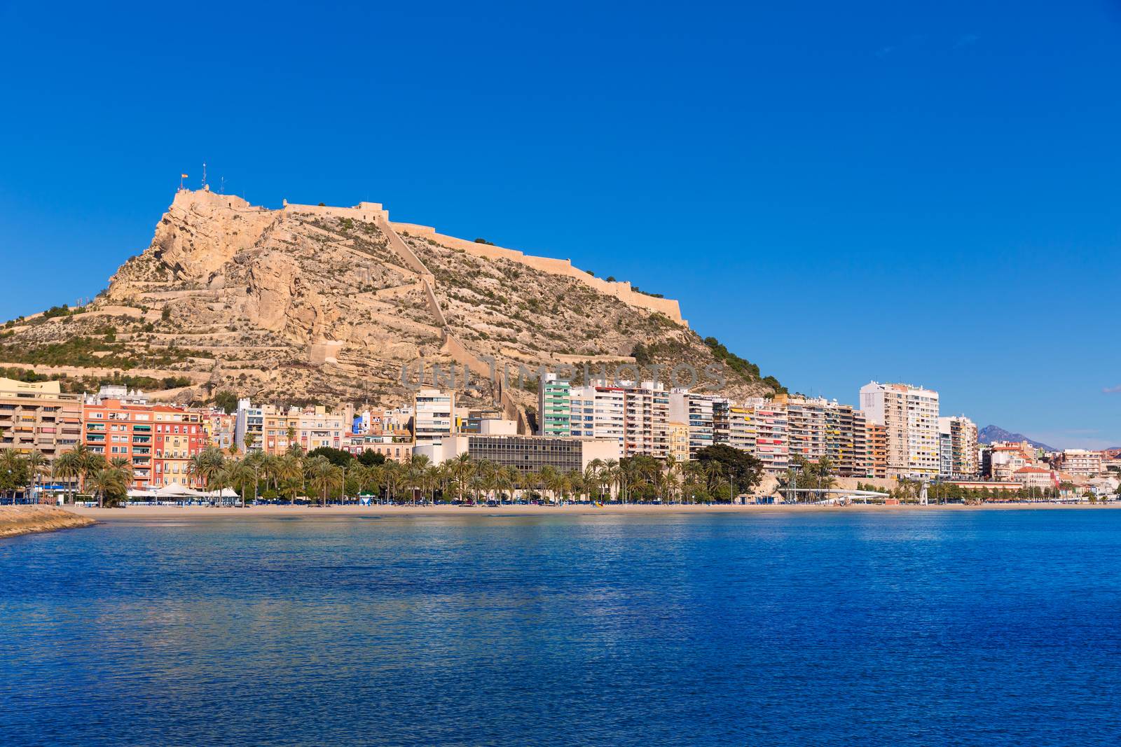 Alicante Postiguet beach and castle Santa Barbara in Spain Valencian Community