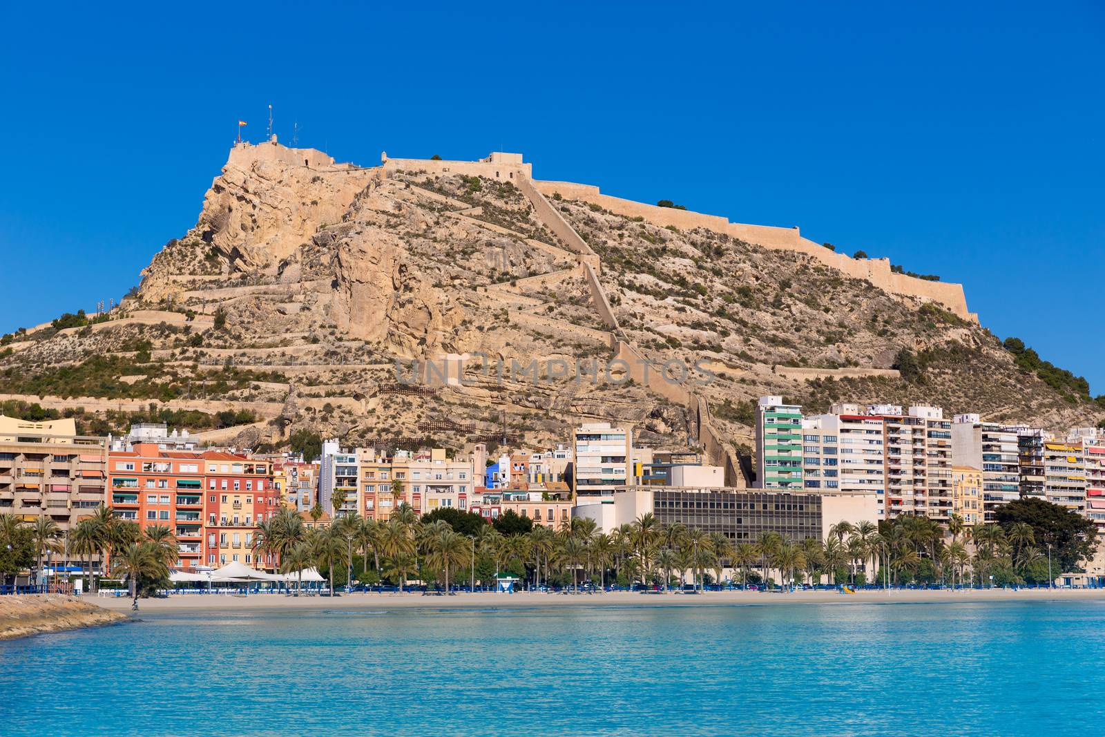 Alicante Postiguet beach and castle Santa Barbara in Spain Valencian Community