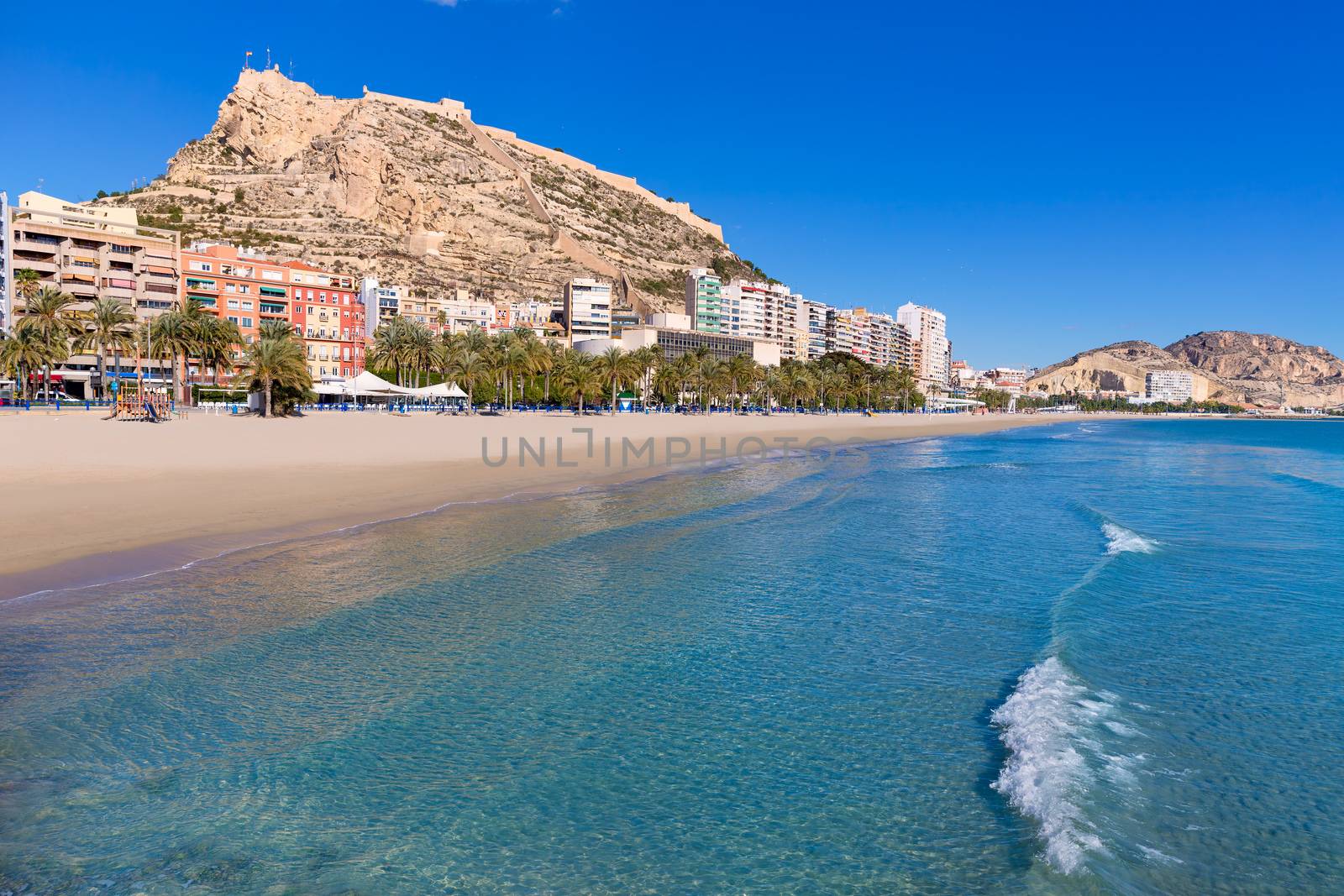 Alicante Postiguet beach and castle Santa Barbara in Spain Valencian Community