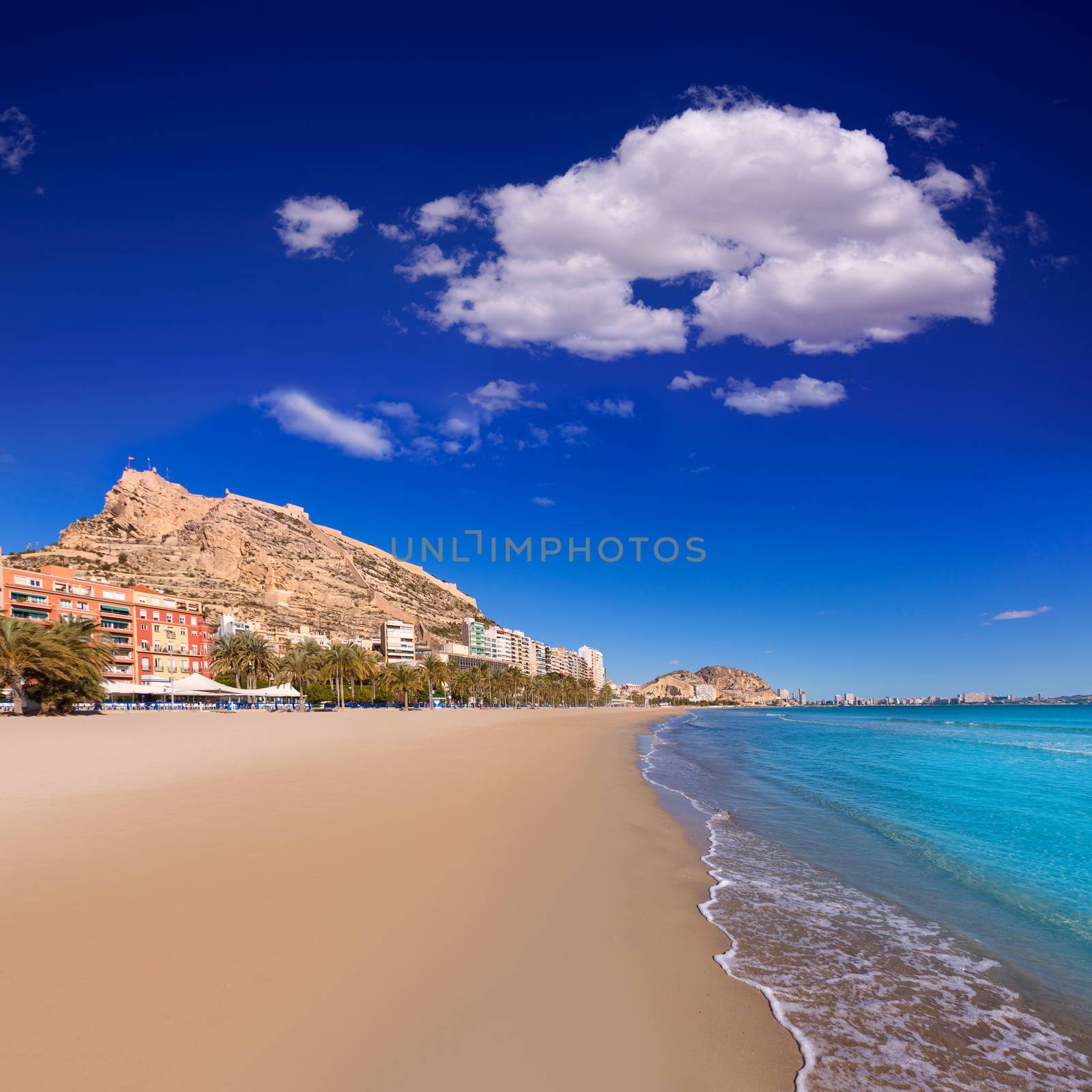 Alicante Postiguet beach and castle Santa Barbara in Spain Valencian Community