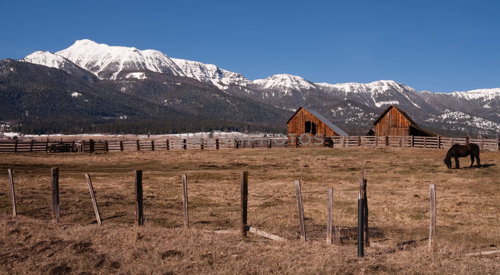 A ranch farm homestead looks cold and bright during winter frost