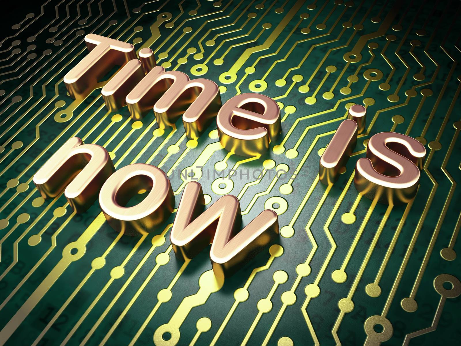 Timeline concept: circuit board with word Time is Now, 3d render