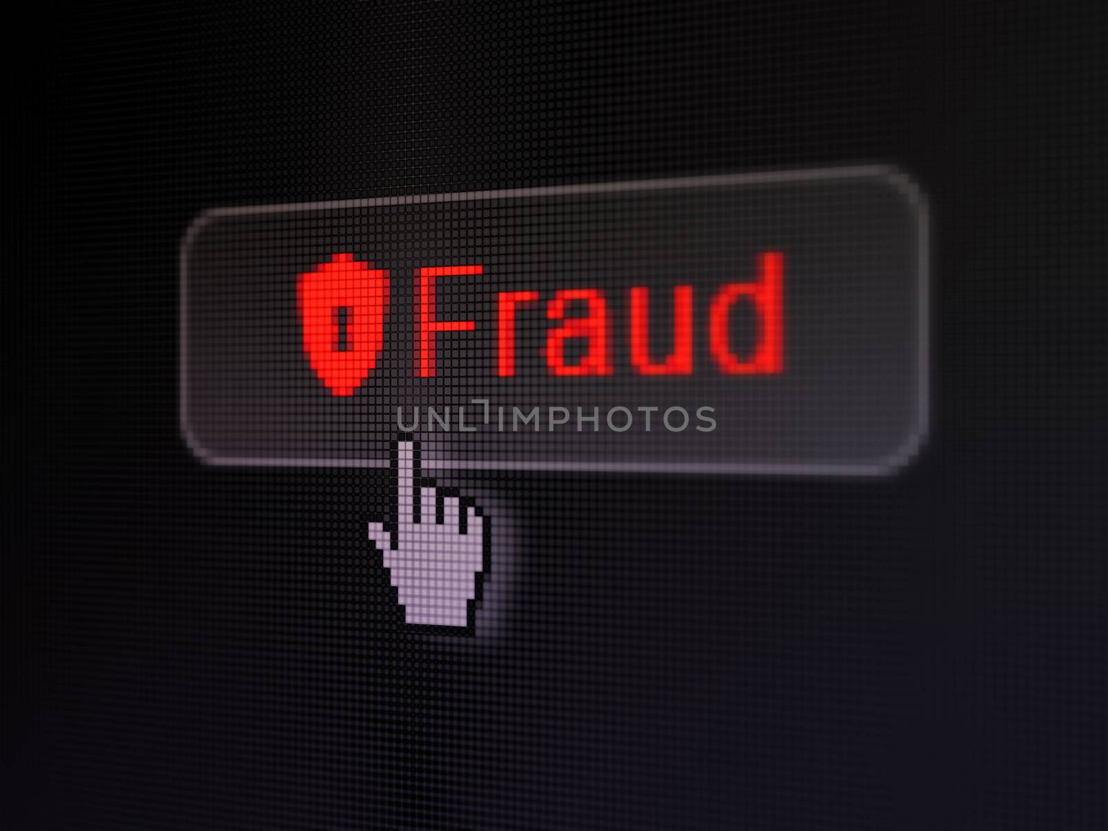 Privacy concept: pixelated words Fraud and Shield With Keyhole icon on button withHand cursor on digital computer screen background, selected focus 3d render