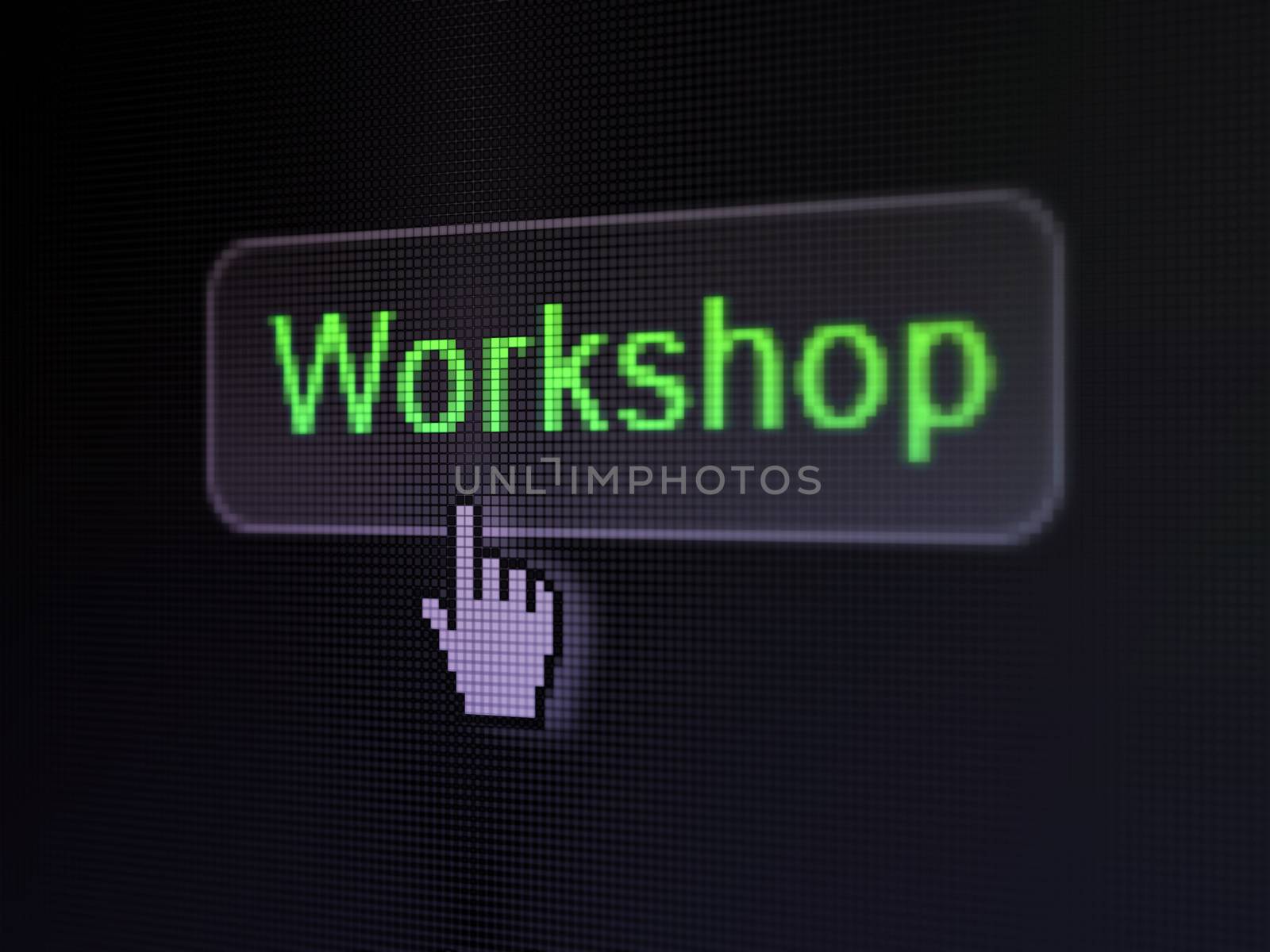 Education concept: pixelated words Workshop on button with Hand cursor on digital computer screen background, selected focus 3d render