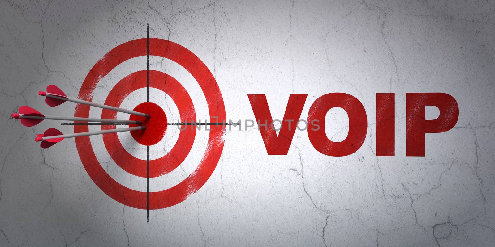 Success web design concept: arrows hitting the center of target, Red VOIP on wall background, 3d render