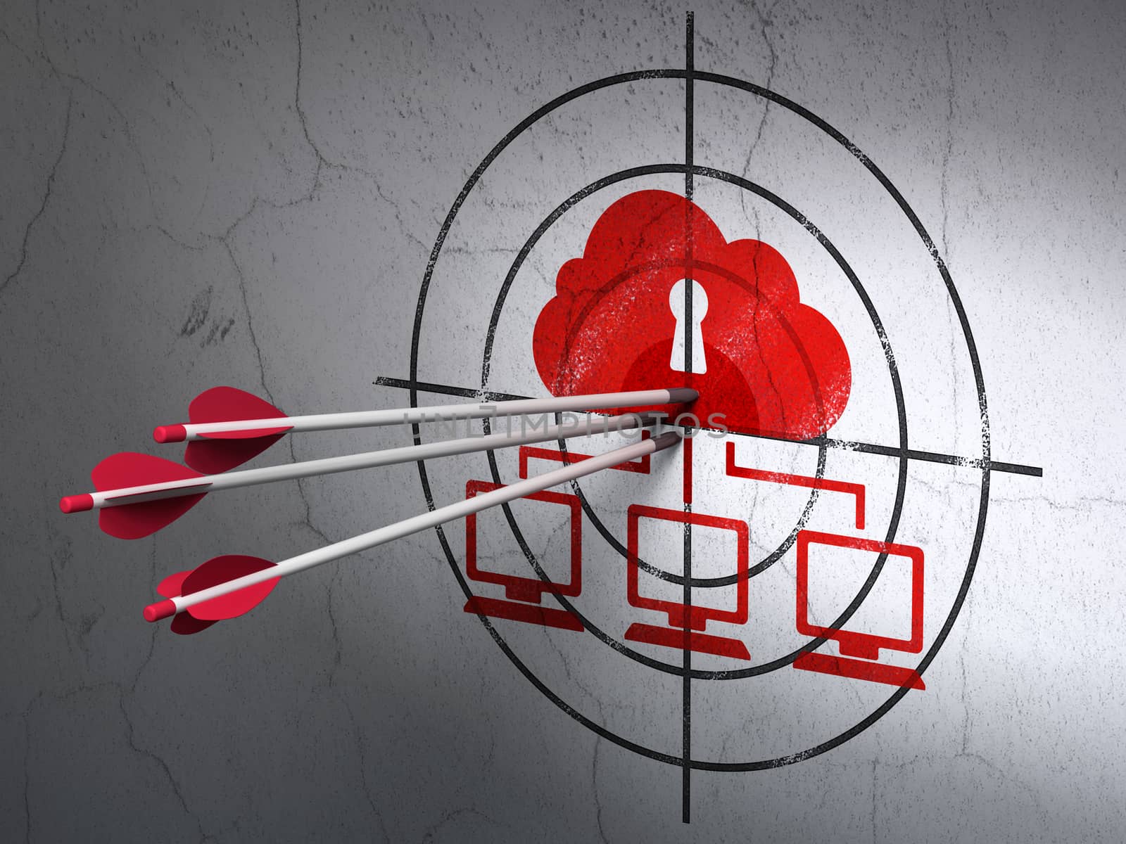 Success safety concept: arrows hitting the center of Red Cloud Network target on wall background, 3d render