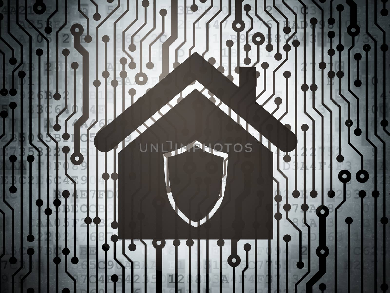 Security concept: circuit board with  Home icon, 3d render