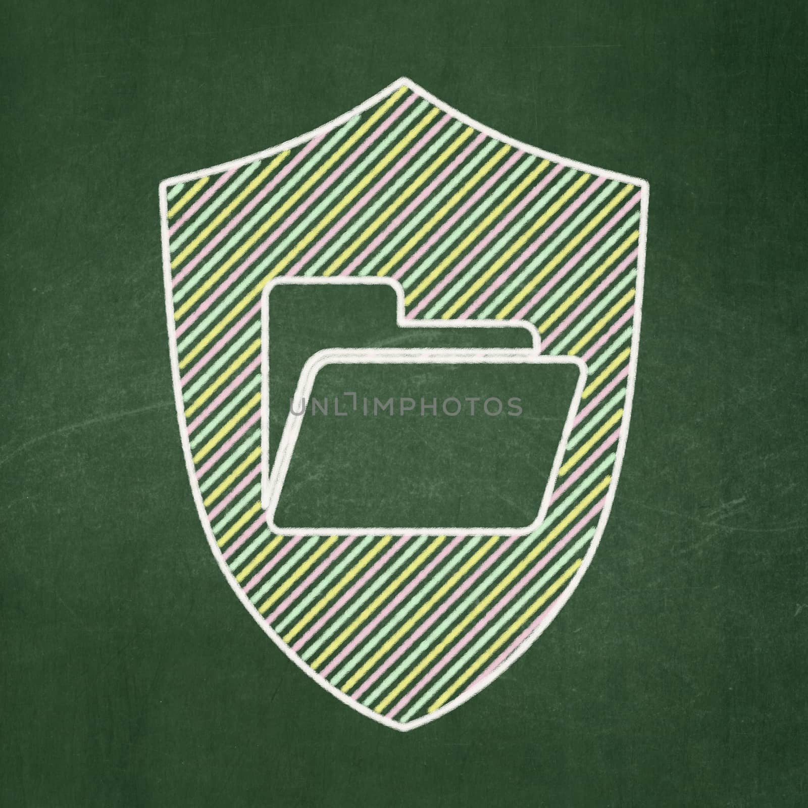 Finance concept: Folder With Shield icon on Green chalkboard background, 3d render