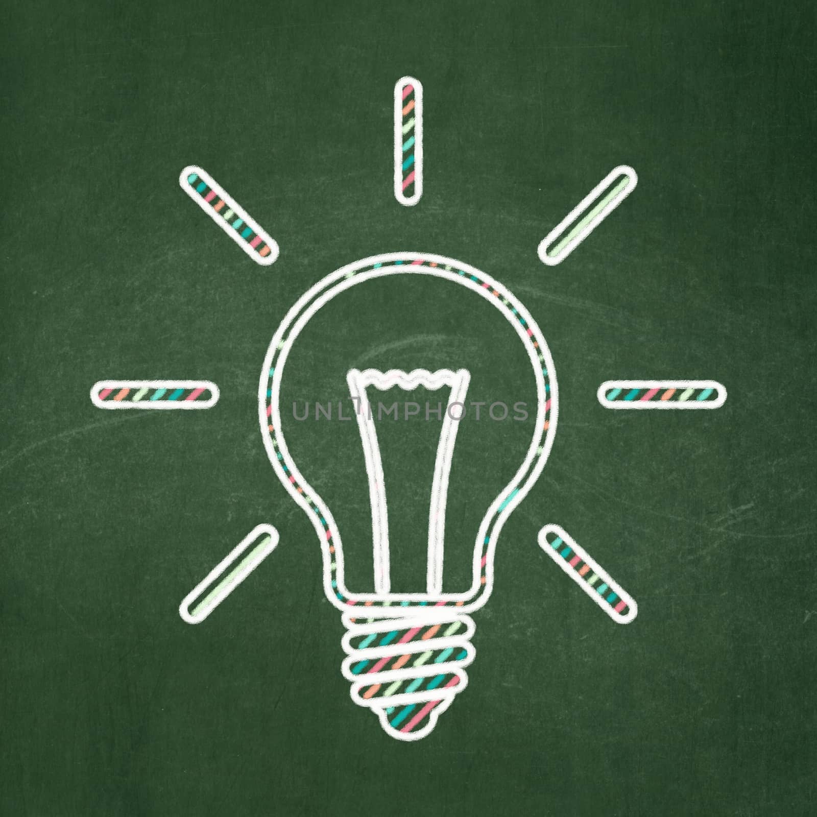 Finance concept: Light Bulb icon on Green chalkboard background, 3d render