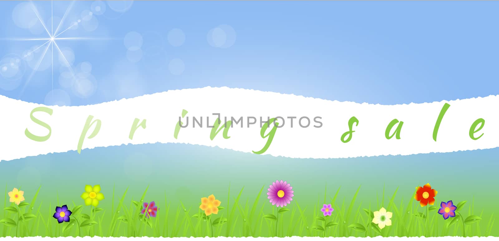 Torn paper middle spring landscape with flowers,grass,raindrops on a blue sunny background with ray of lights