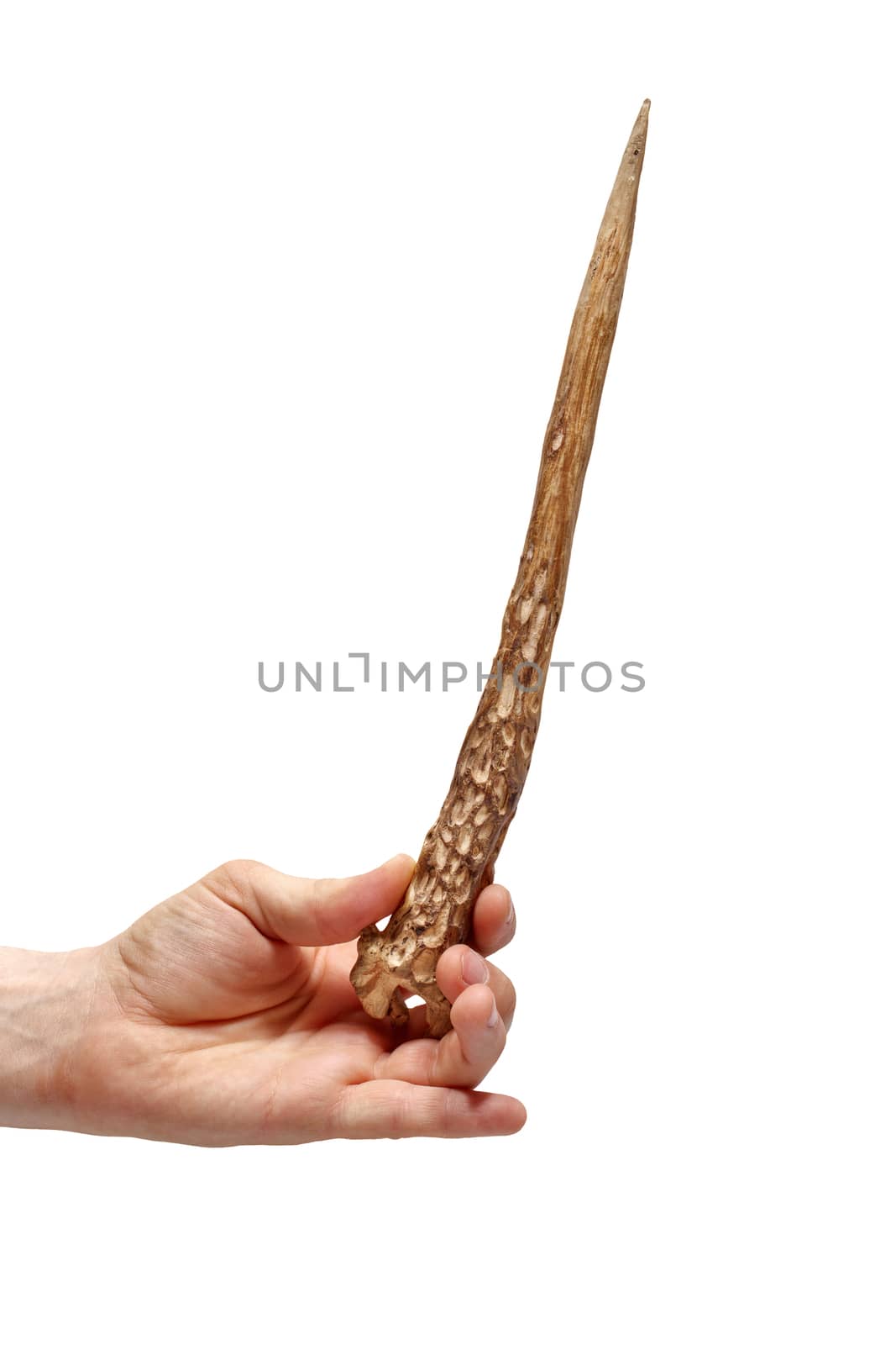 Man's hand and wand shot closeup isolated on a white background