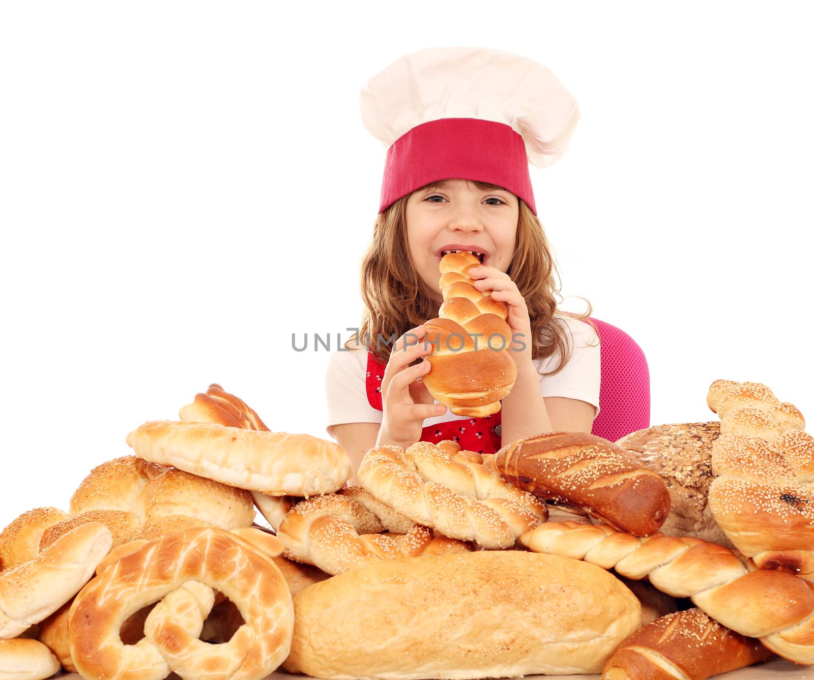 hungry little girl cook eat bread by goce