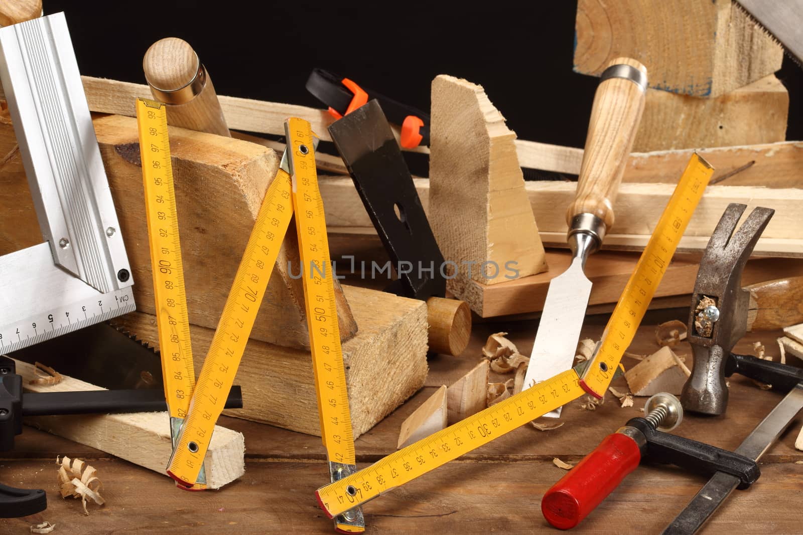 carpenter's tools close up on work bench