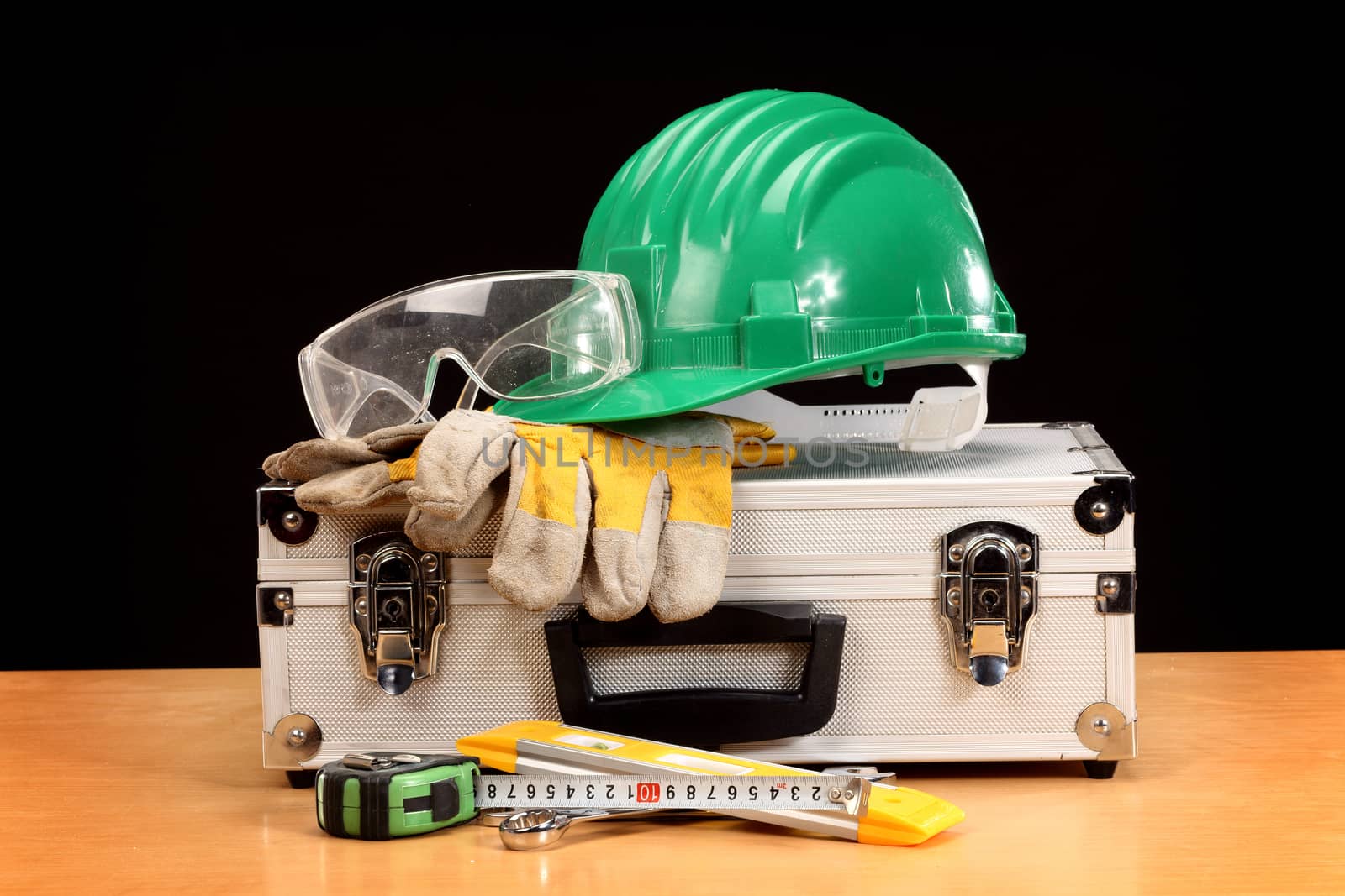 Safety gear kit close up on toolbox