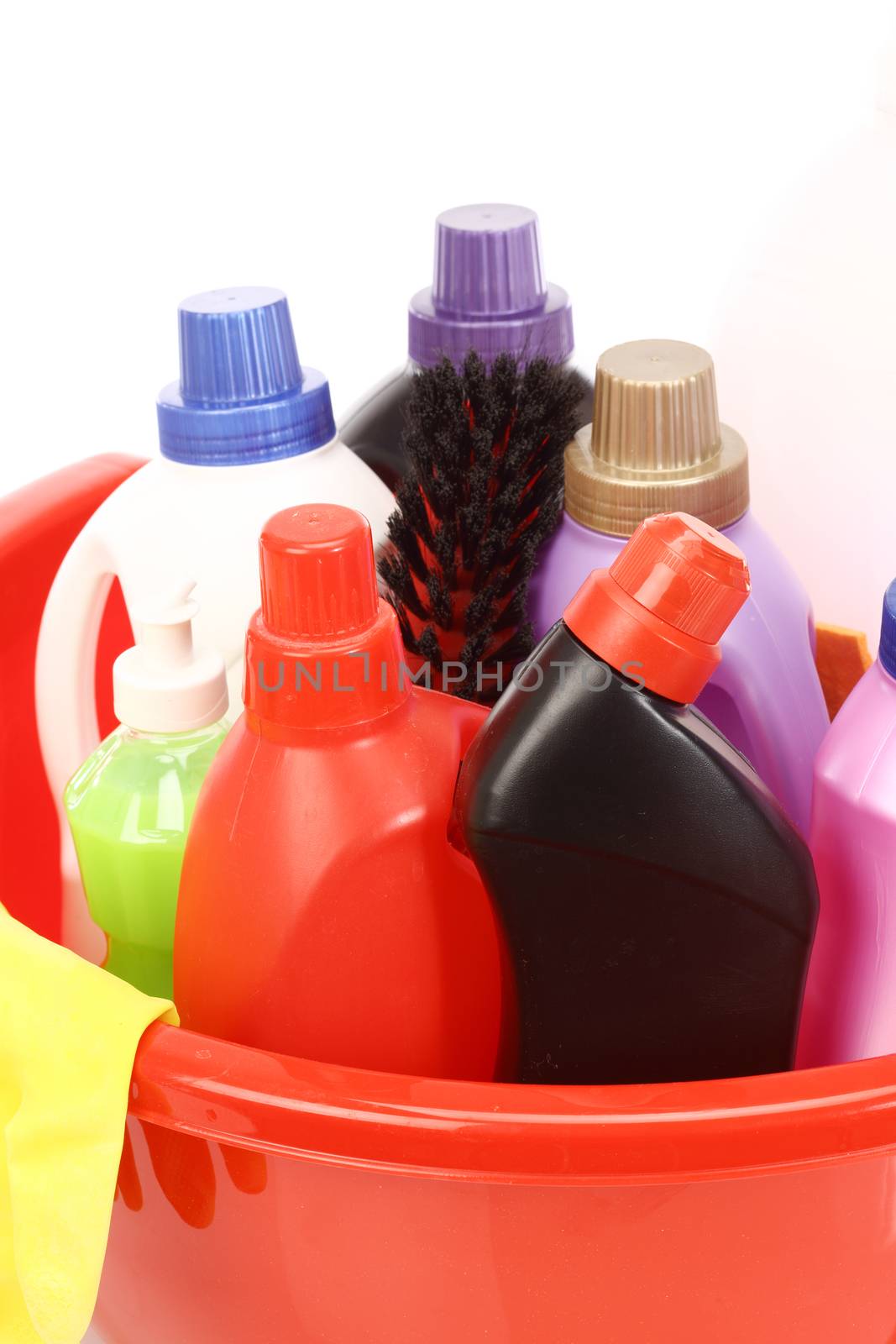 Household chemical goods for cleaning on white 