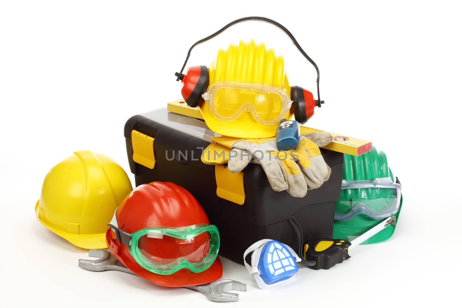 Some color protective helmets  and toolbox on white