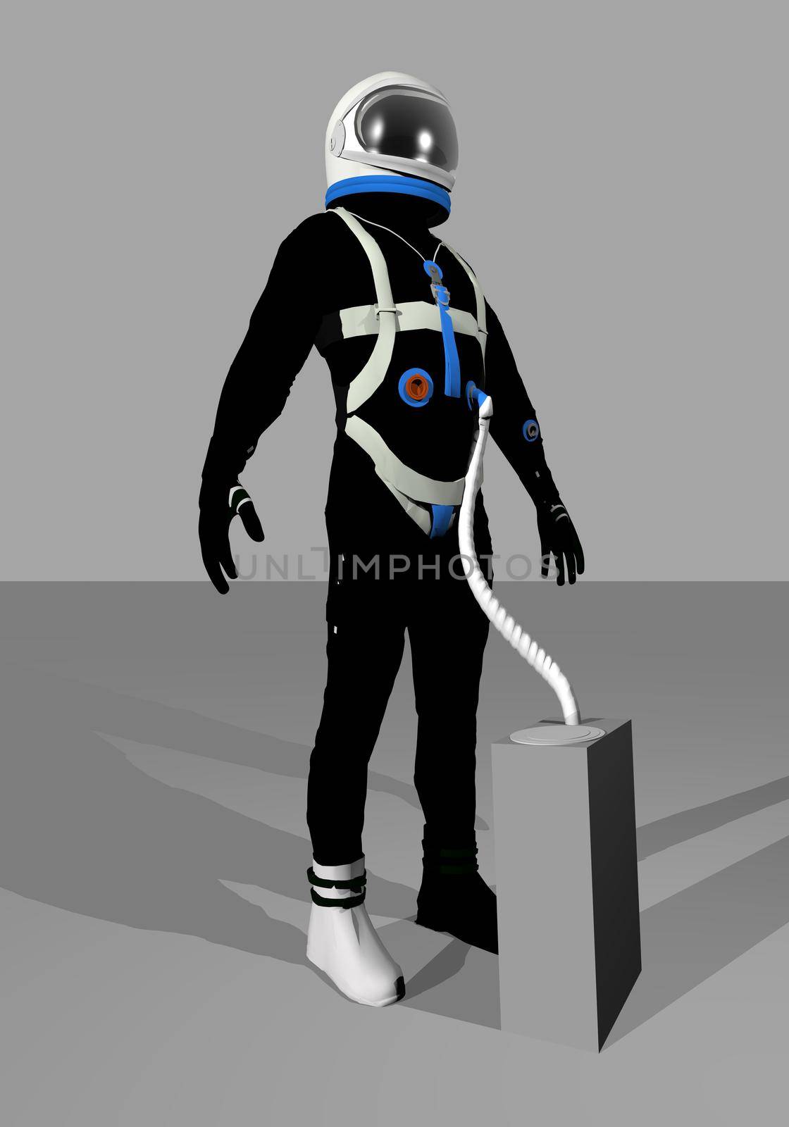Black gemini space suit standing in grey background - Elements of this image furnished by NASA
