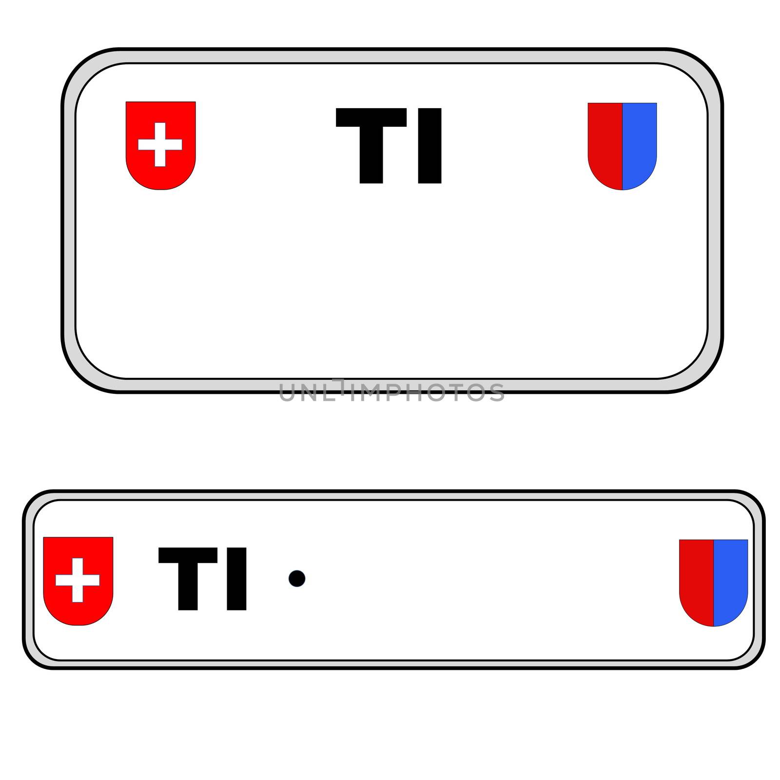 Ticino front and back plate numbers, Switzerland, in white background