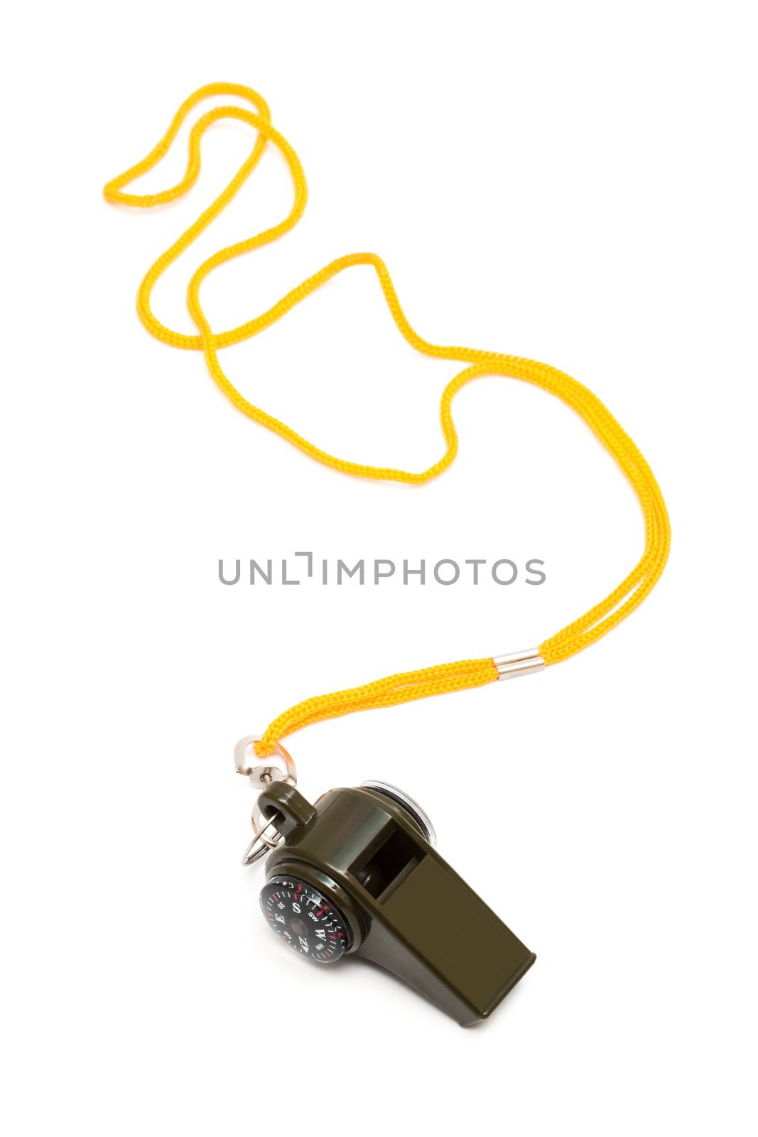 Whistle with a compass on a yellow cord