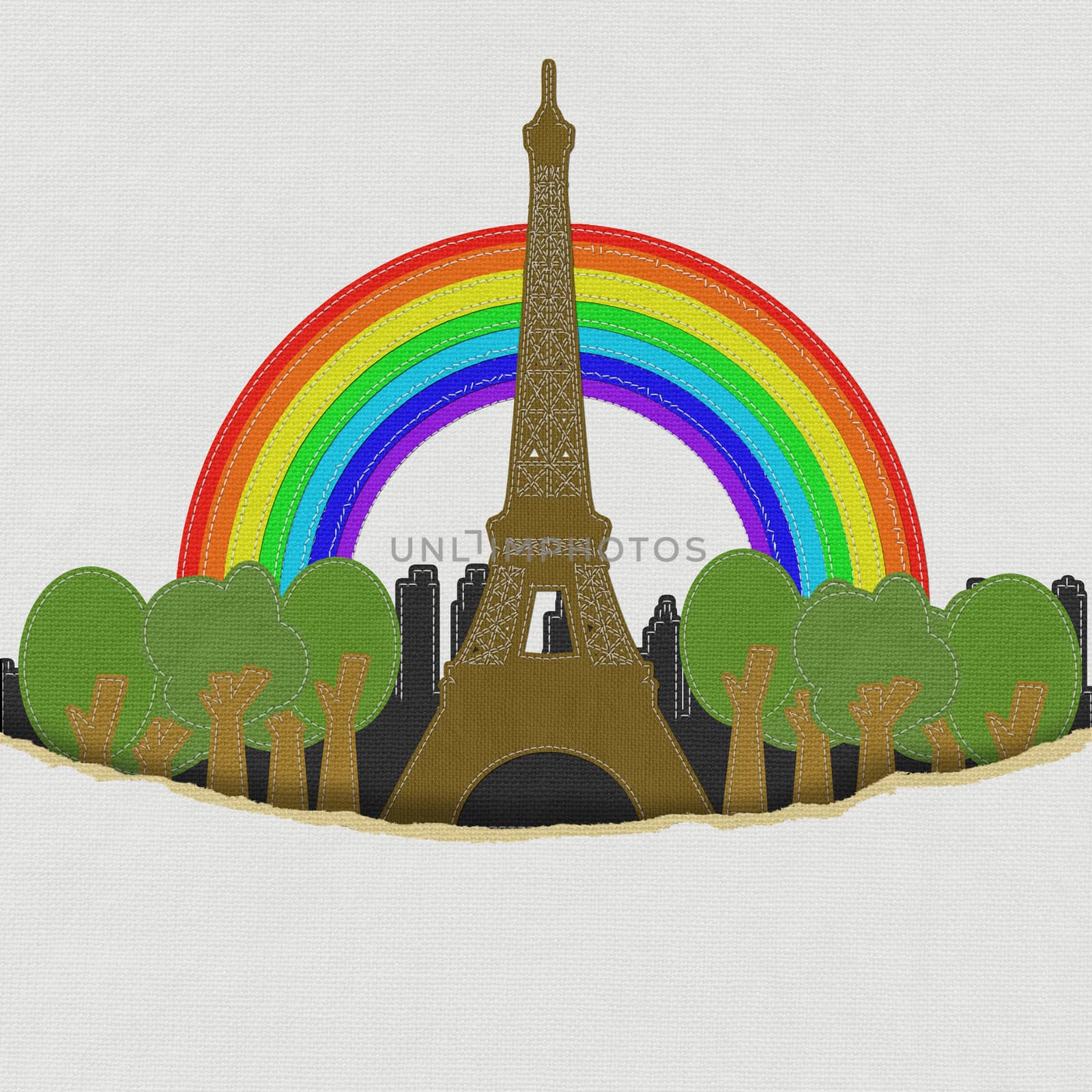 Eiffel tower, Paris. France in stitch style on fabric background by basketman23