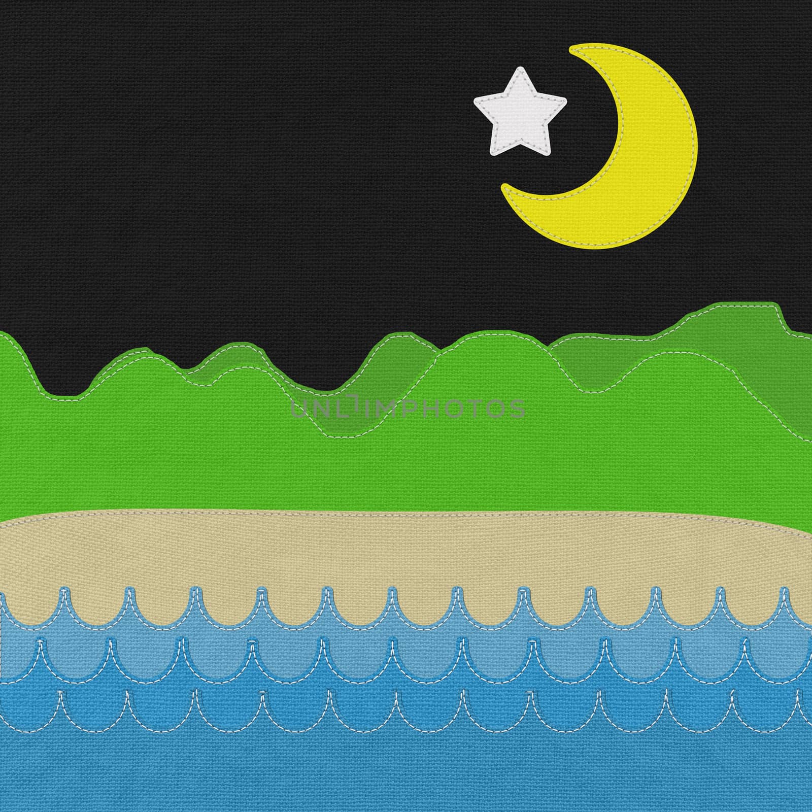 Sea and Moutain landscape with stitch style on fabric background