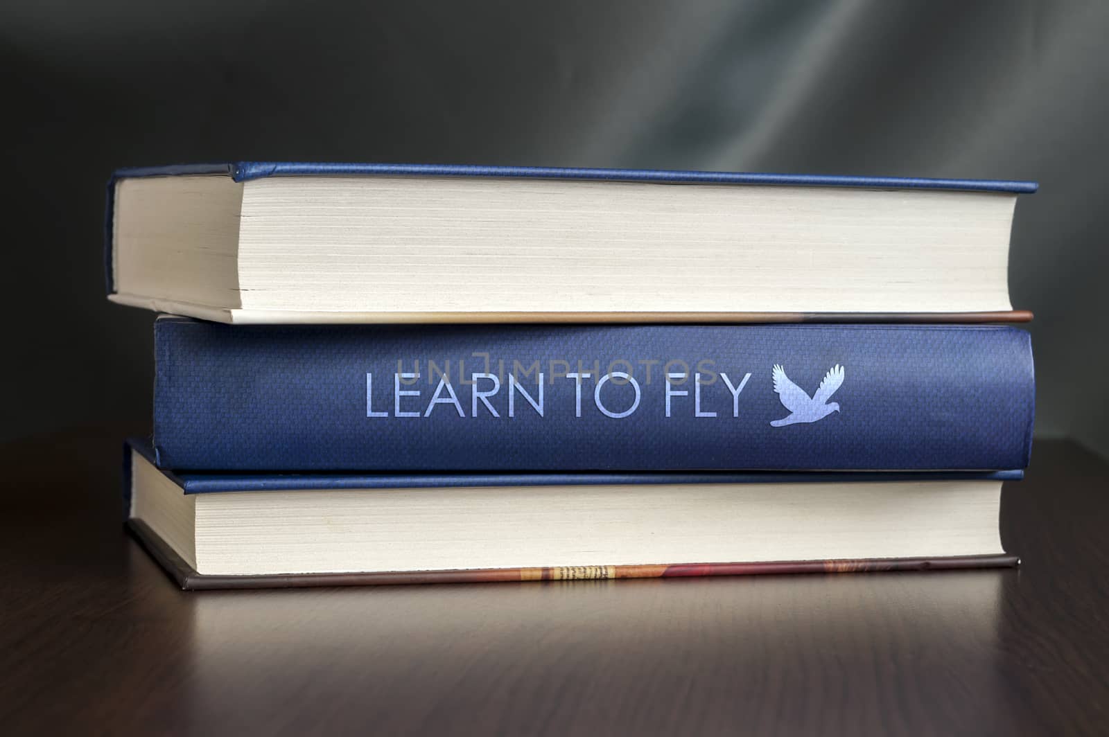 Books on a table and one with "Learn to fly" cover. Book concept.