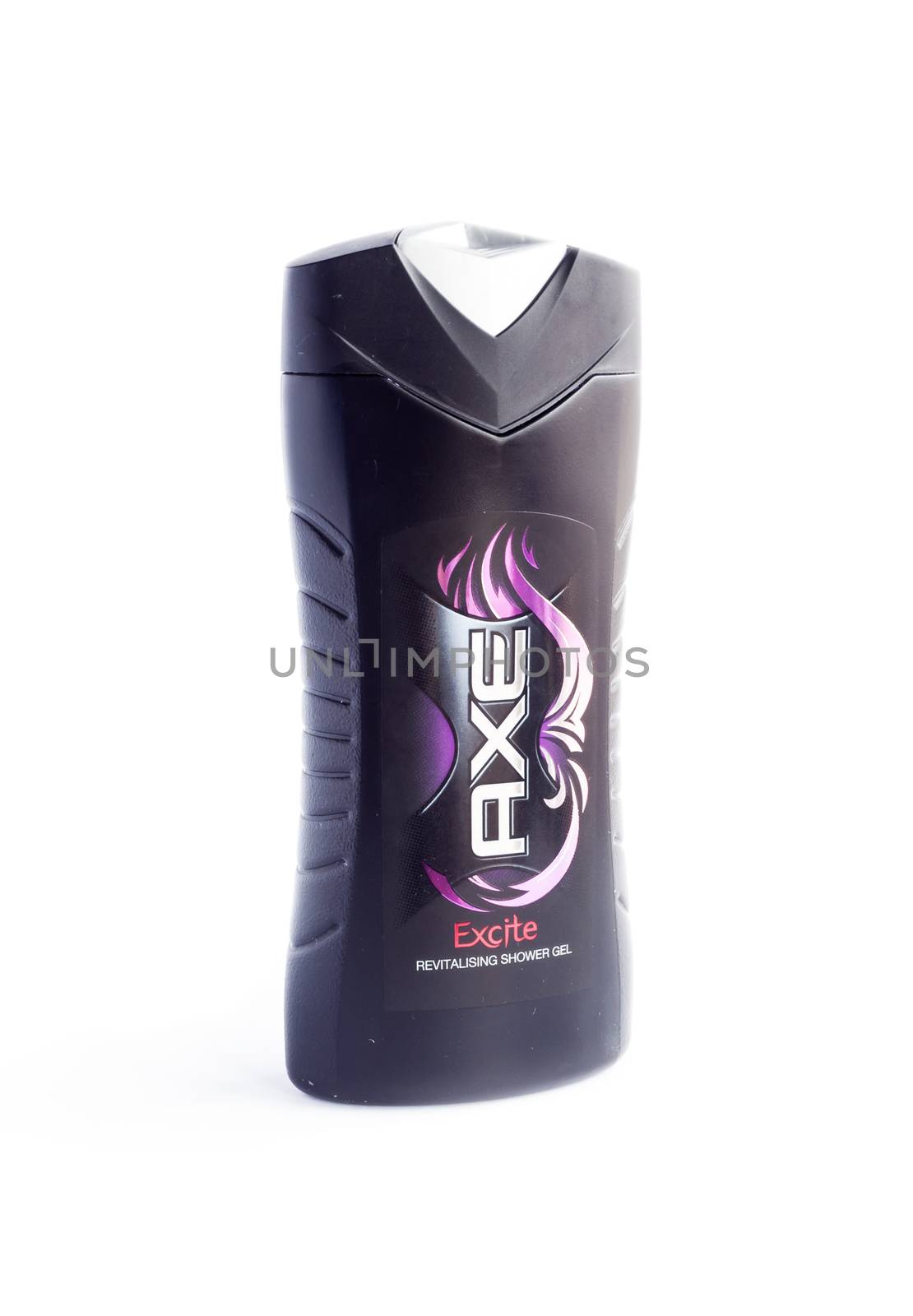 Bucharest, Romania - Jan 24, 2014: A bottle of Axe Excite shower gel isolated on white background. Axe was launched in France in 1983 by Unilever. It was inspired by another of Unilever's brands, Impulse.