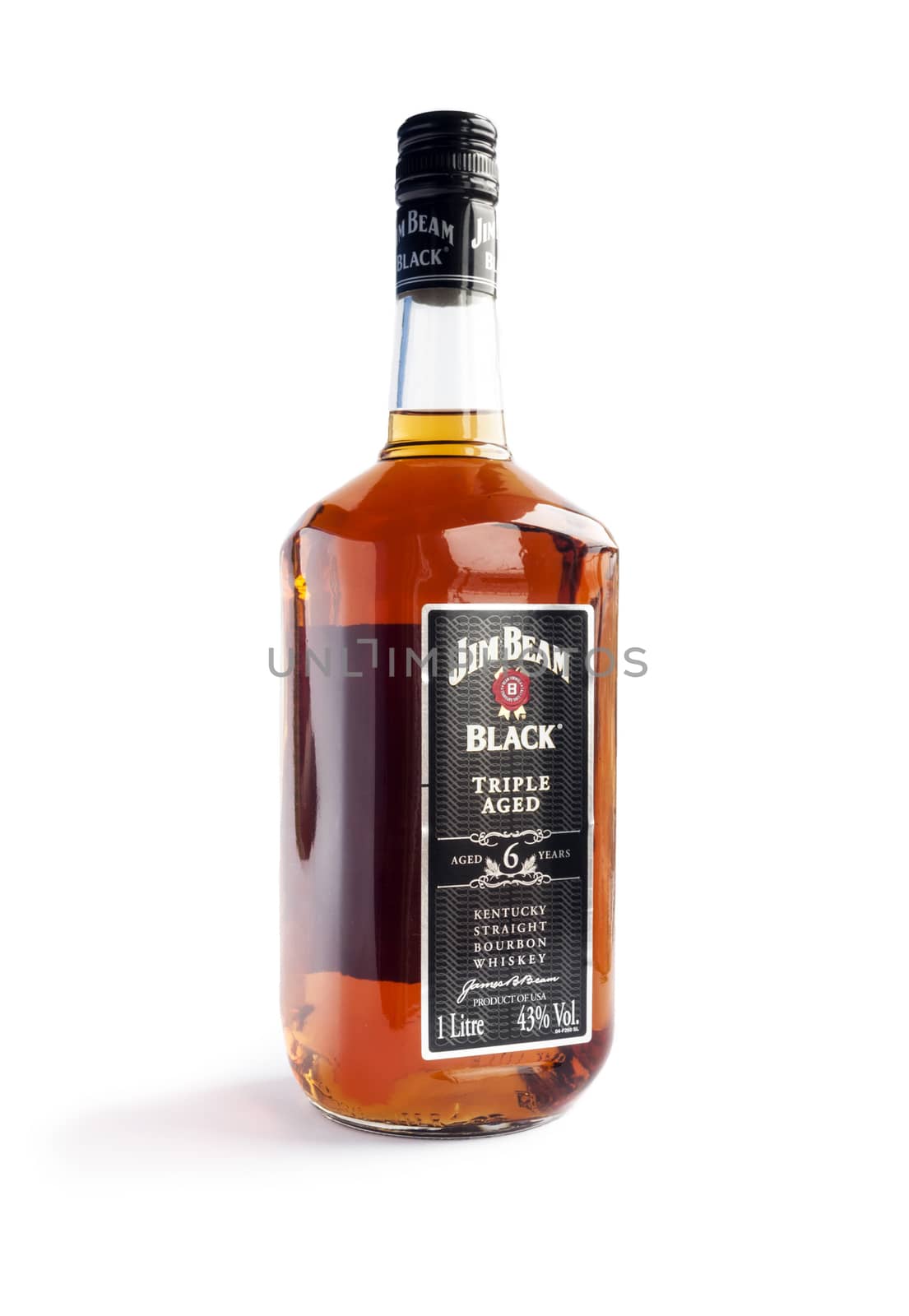 Bucharest, Romania - Jan 24, 2014: A bottle of Jim Beam Black isolated on white background. Jim Beam is an American brand of bourbon whiskey produced in Clermont, Kentucky. It was one of the best selling brands of bourbon in the world in 2008.