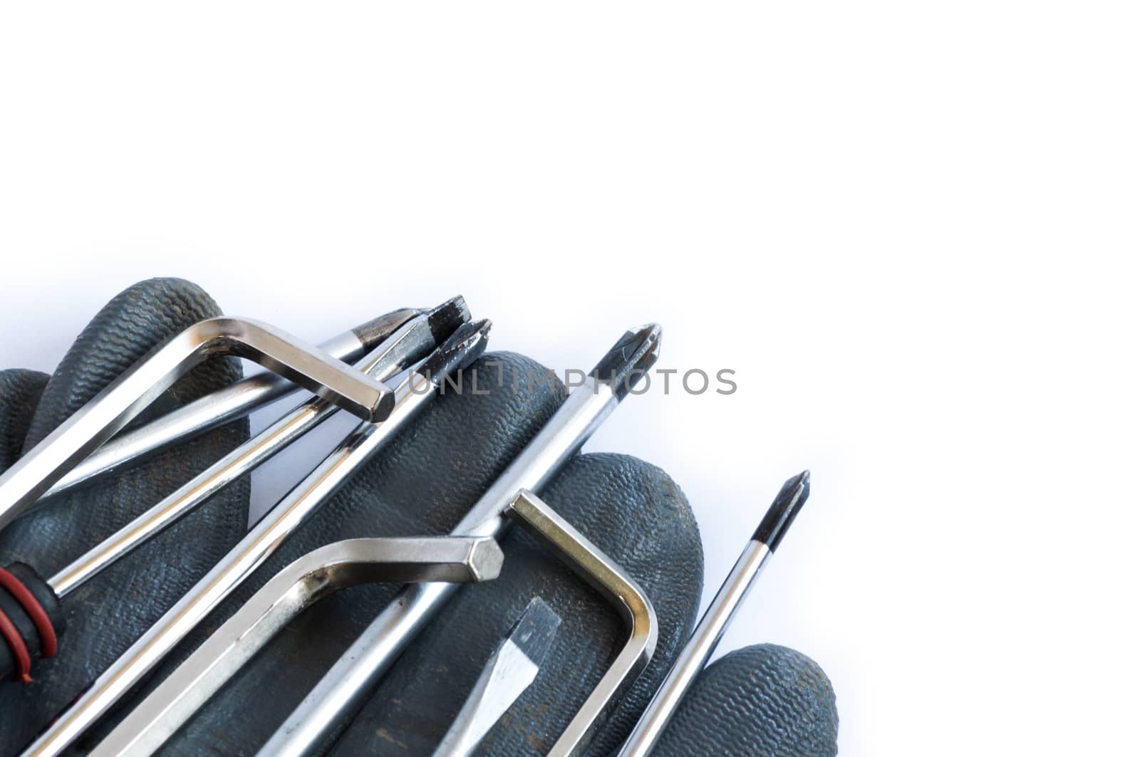 Set of screwdrivers and glove over a white background with space for text