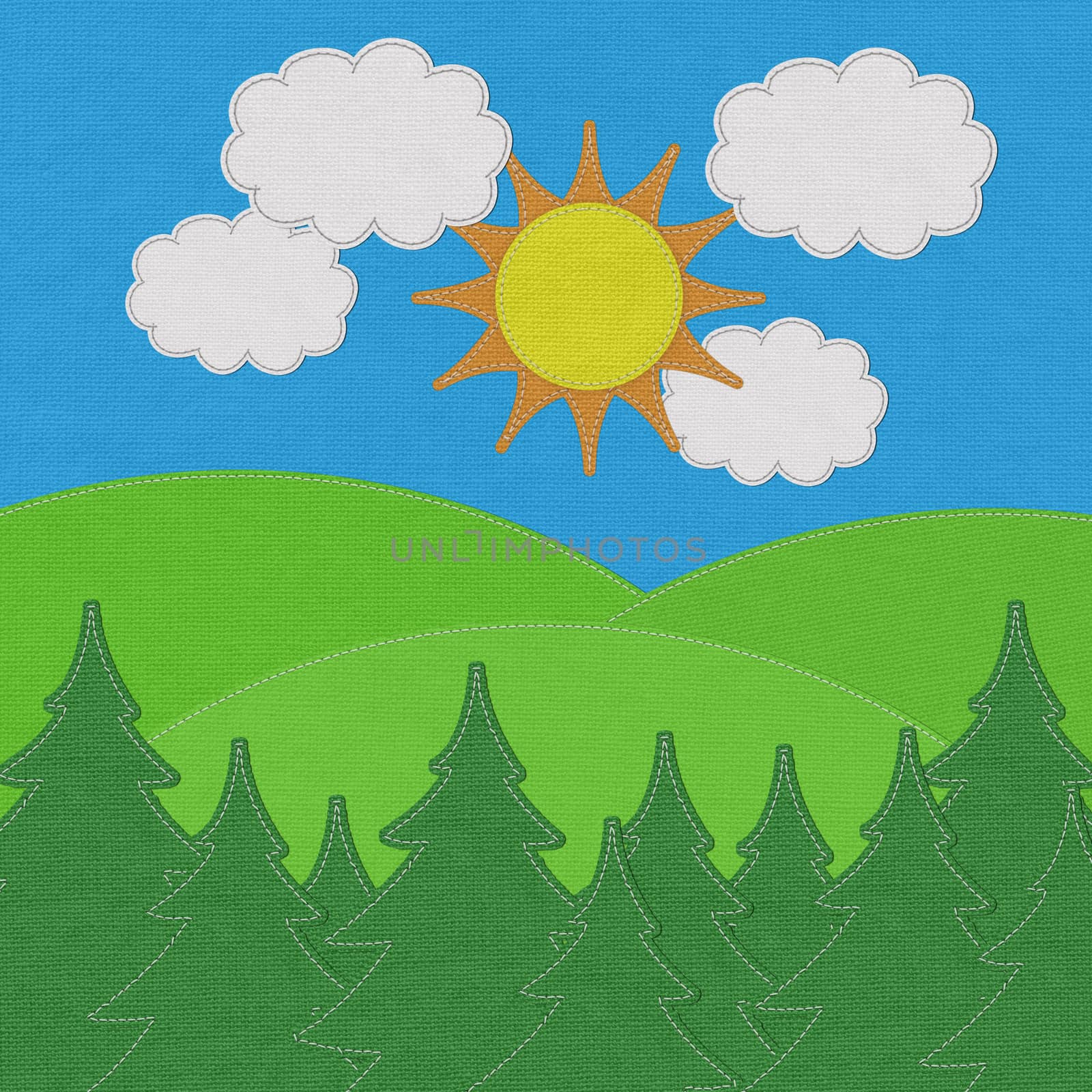Landscape with pine forests in the mountains with stitch style on fabric background