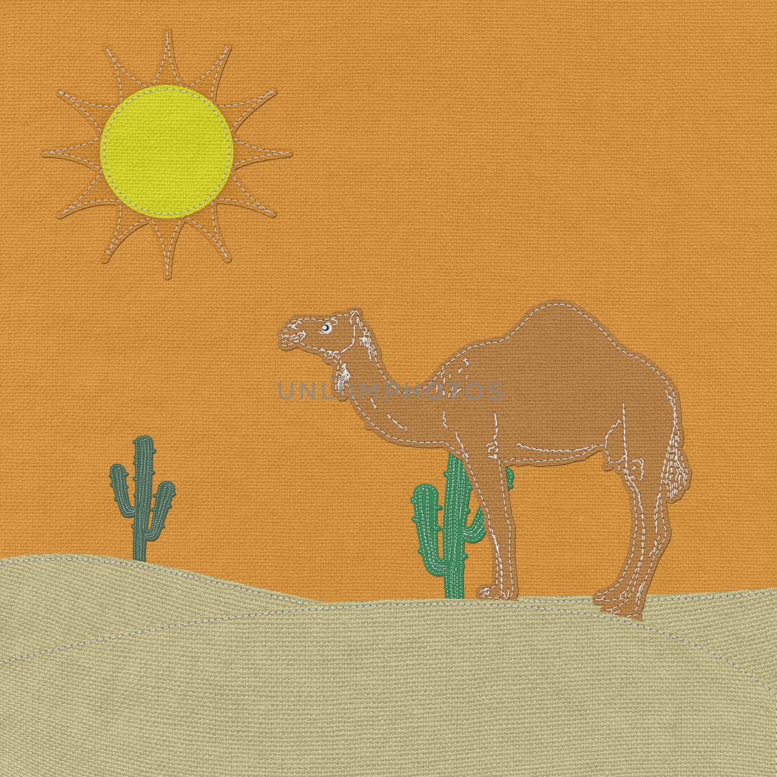 Lone Camel in the Desert sand with stitch style on fabric backgr by basketman23
