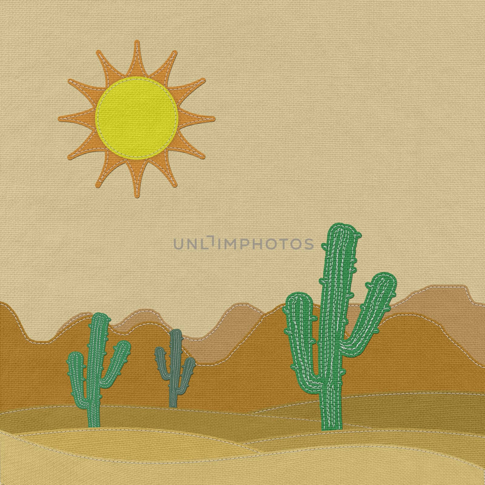 Cactus in the desert with stitch style on fabric background