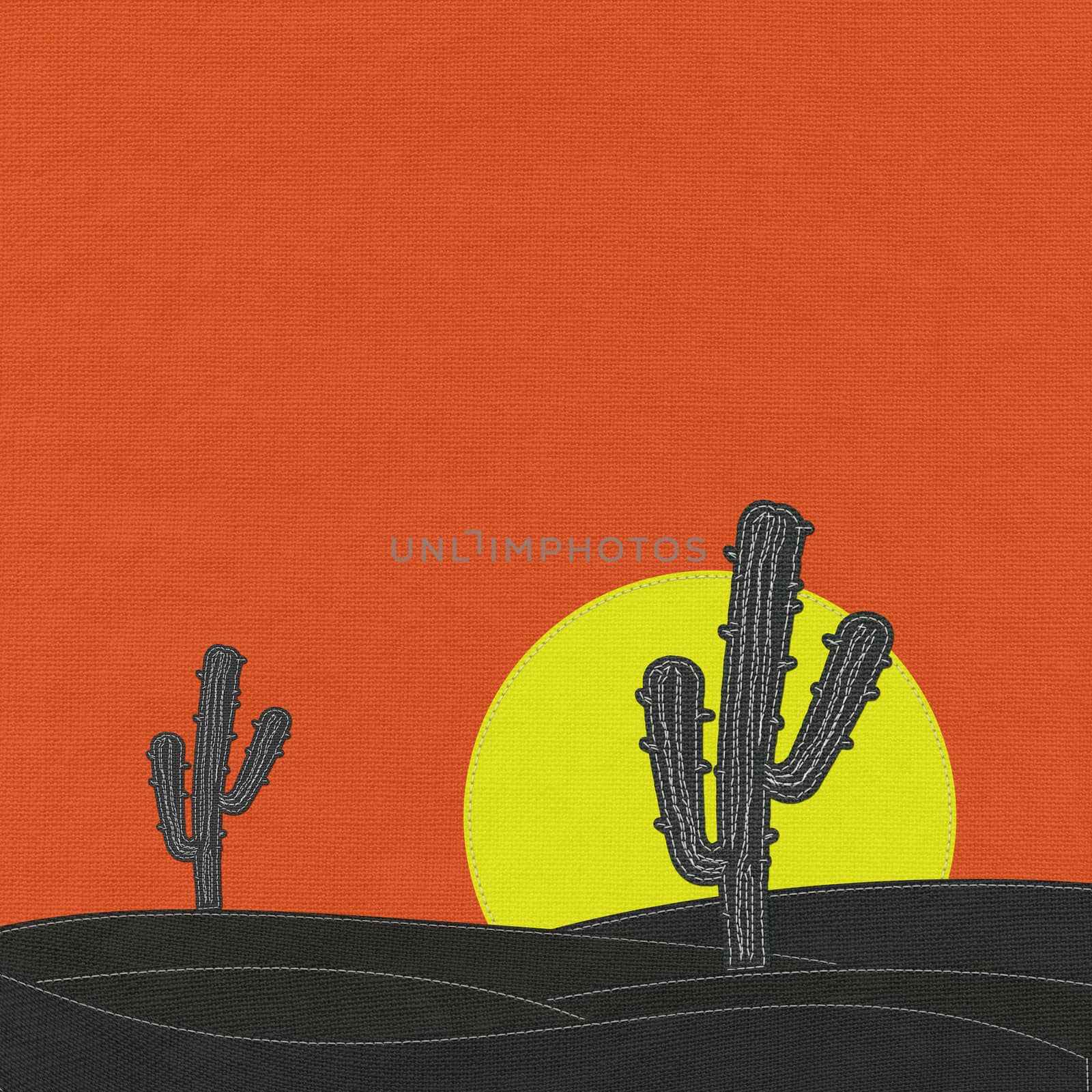 Cactus in the desert with stitch style on fabric background