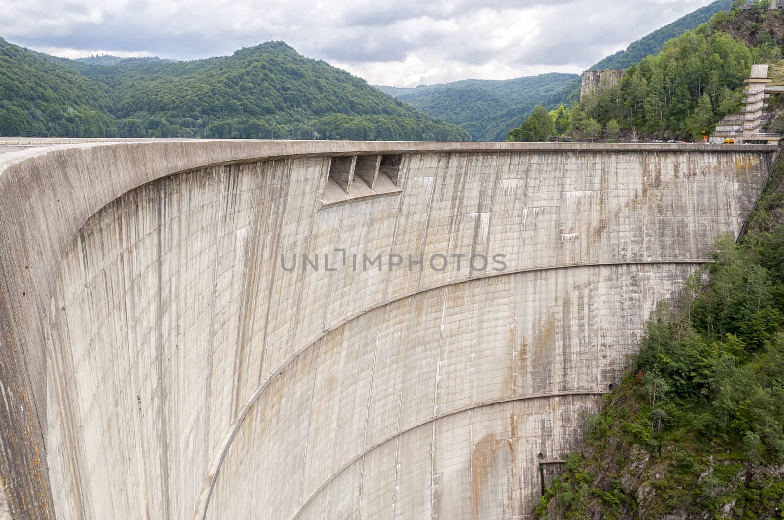 Vidraru dam, type arch, high 160 m, Romania, Arges county, on Arges river in Fagaras mountains area.