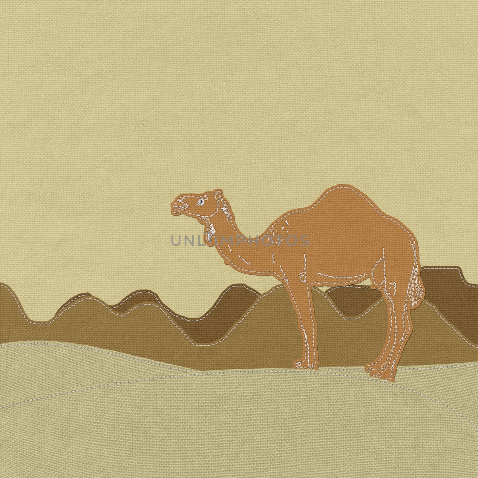 Lone Camel in the Desert sand with stitch style on fabric backgr by basketman23