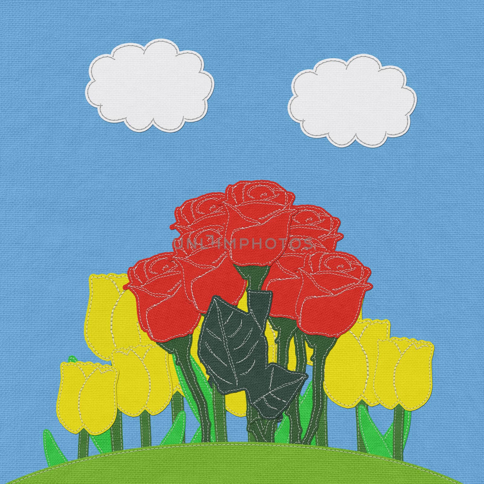 Red rose on green grass field with stitch style fabric backgroun by basketman23
