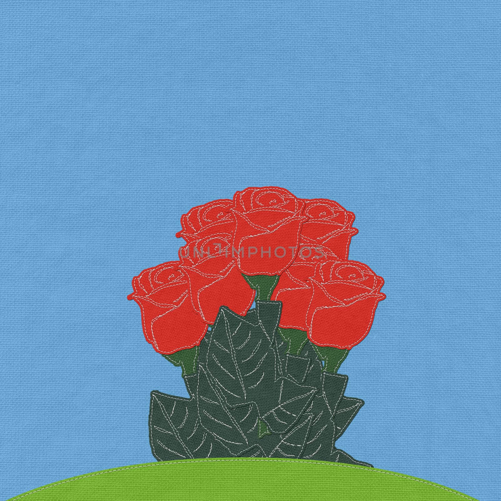 Red rose on green grass field with stitch style fabric background