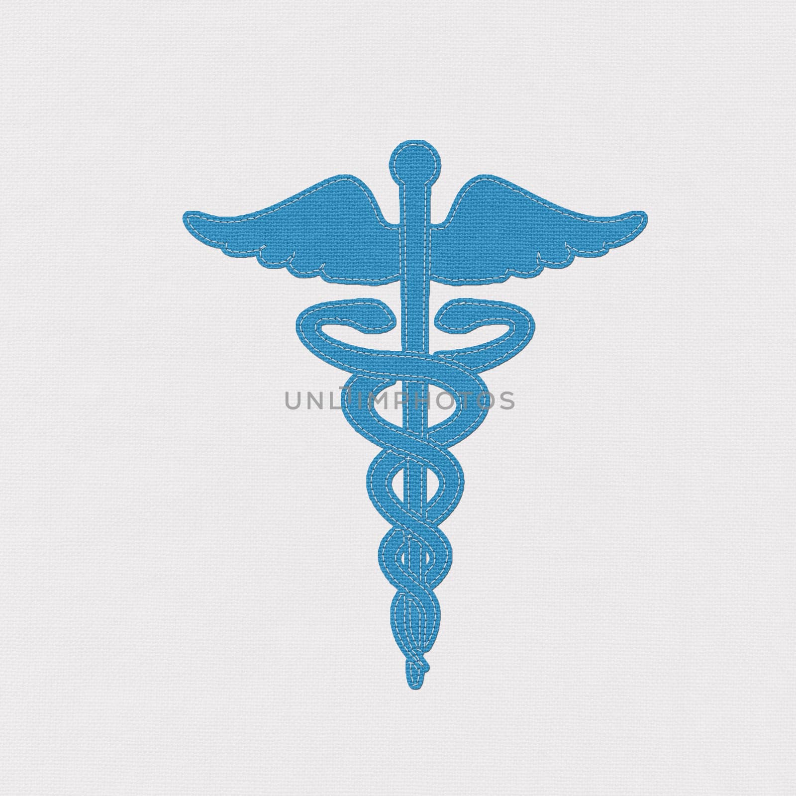 Caduceus medical symbol as a health care and medicine icon with snakes crawling on a pole with wings sign in stitch style